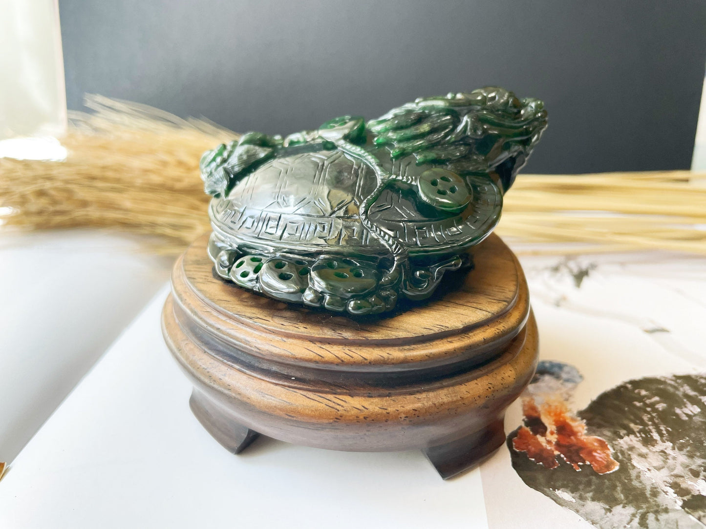 Handcrafted Dragon Turtle Jade Sculpture - Feng Shui Statue