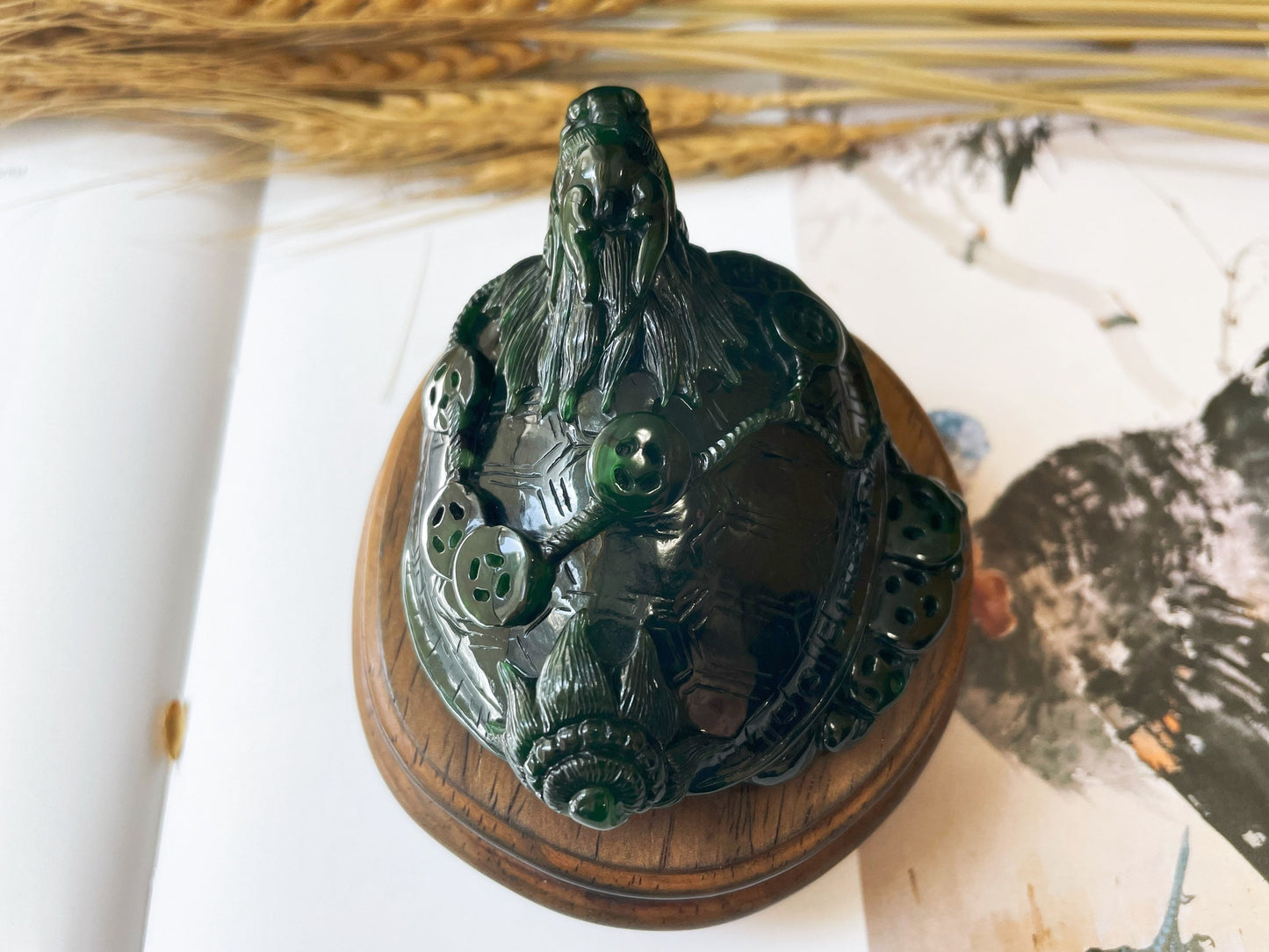 Handcrafted Dragon Turtle Jade Sculpture - Feng Shui Statue