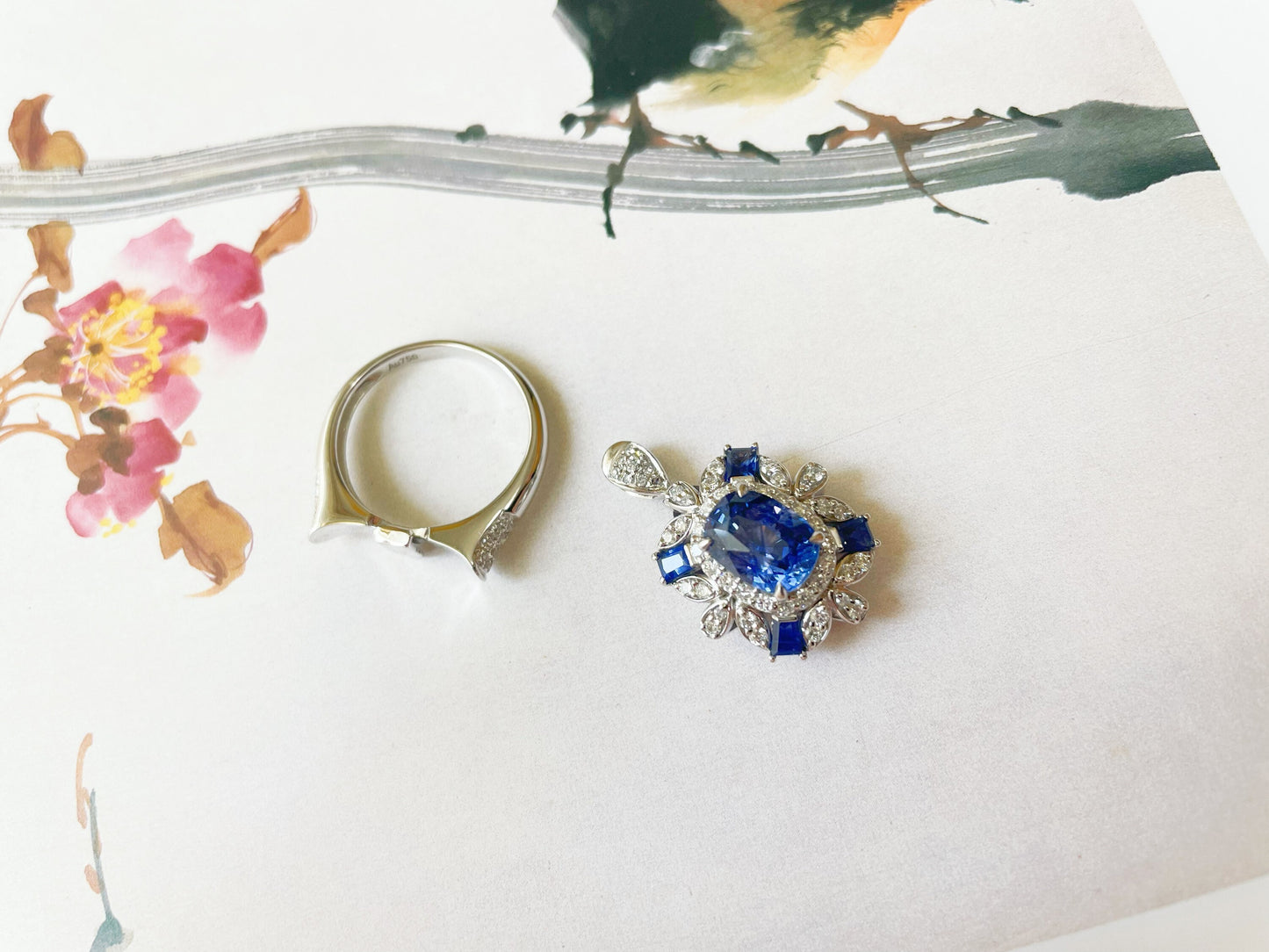 18K White Gold Blue Sapphire Ring and Pendant with Diamonds - Versatile Two-Way Design