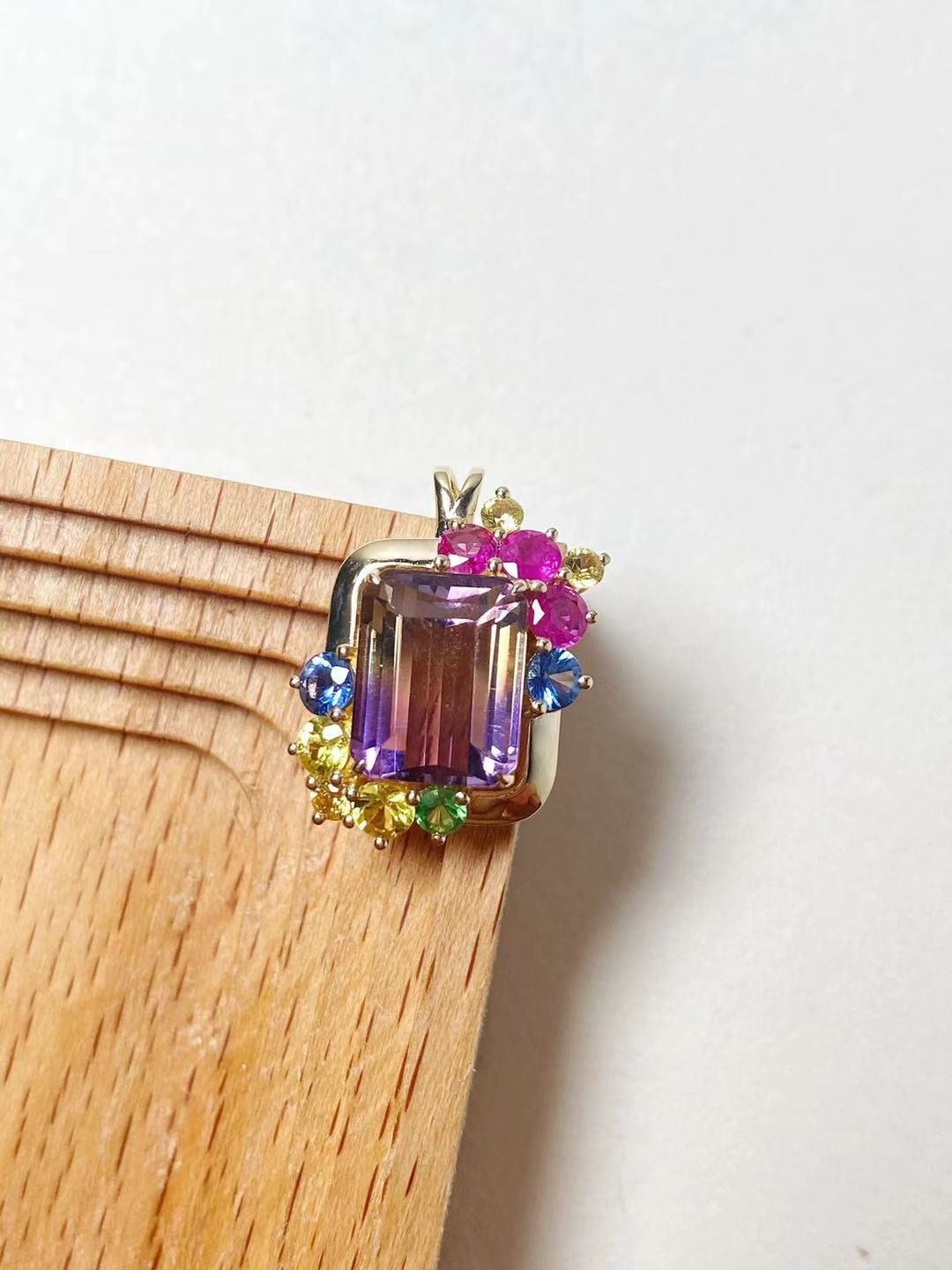 14k Gold Ametrine and Bicolor Sapphires Pendant with Amethyst and Citrine Gems
