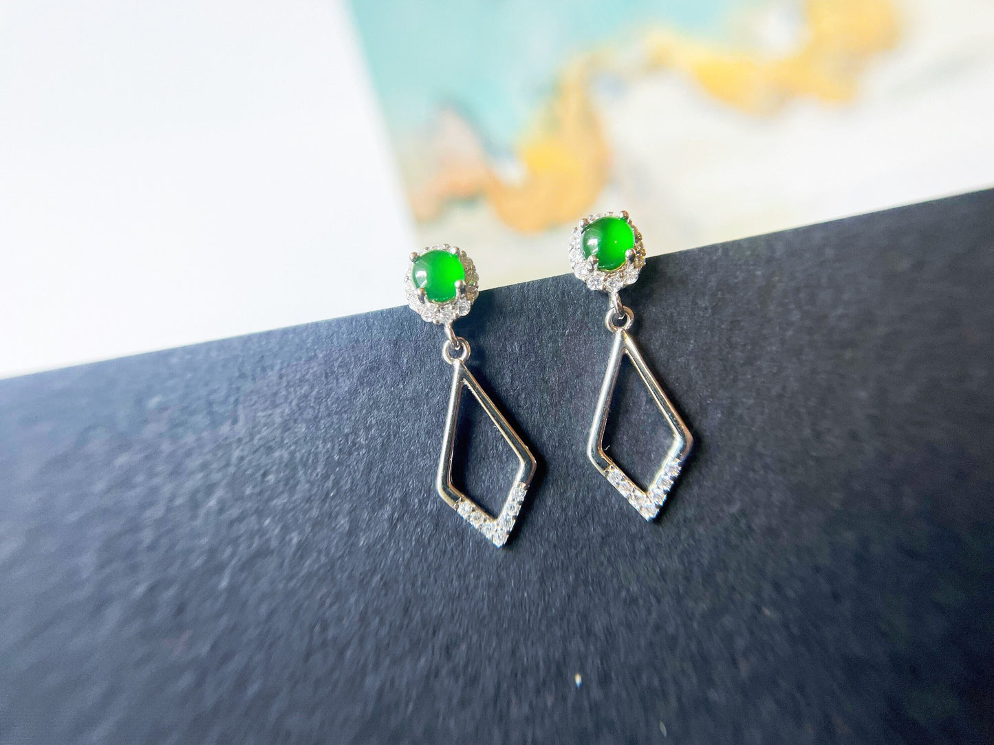 Green Jadeite Drop Earrings - 925 Sterling Silver with Zircon Accents
