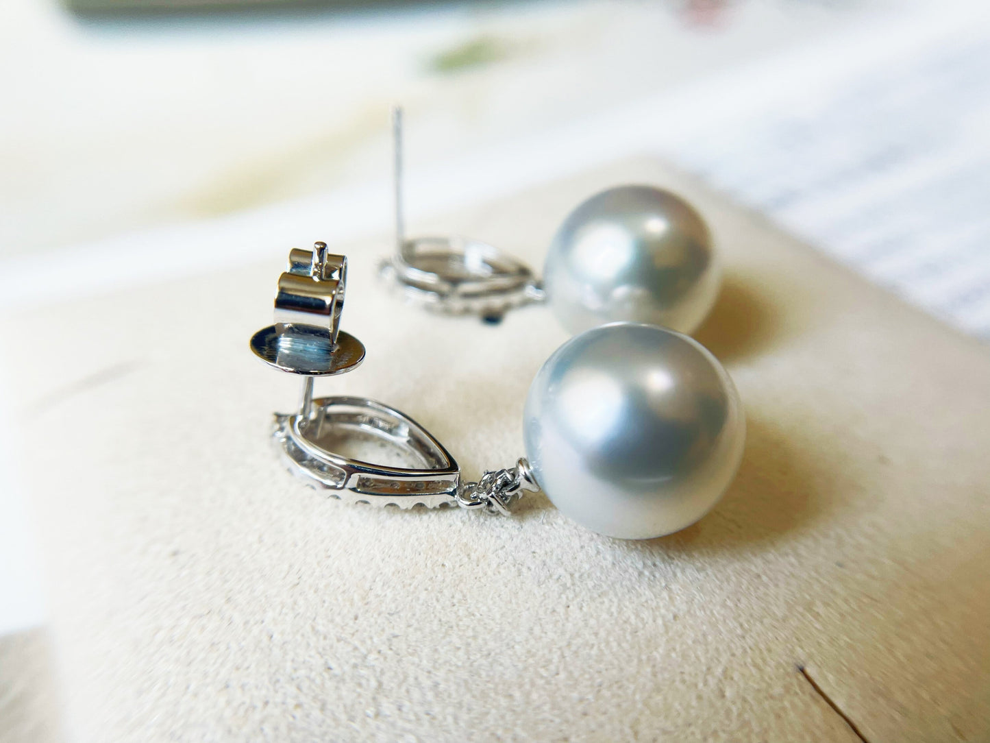 18K White Gold South Sea Pearl and Diamond Earrings
