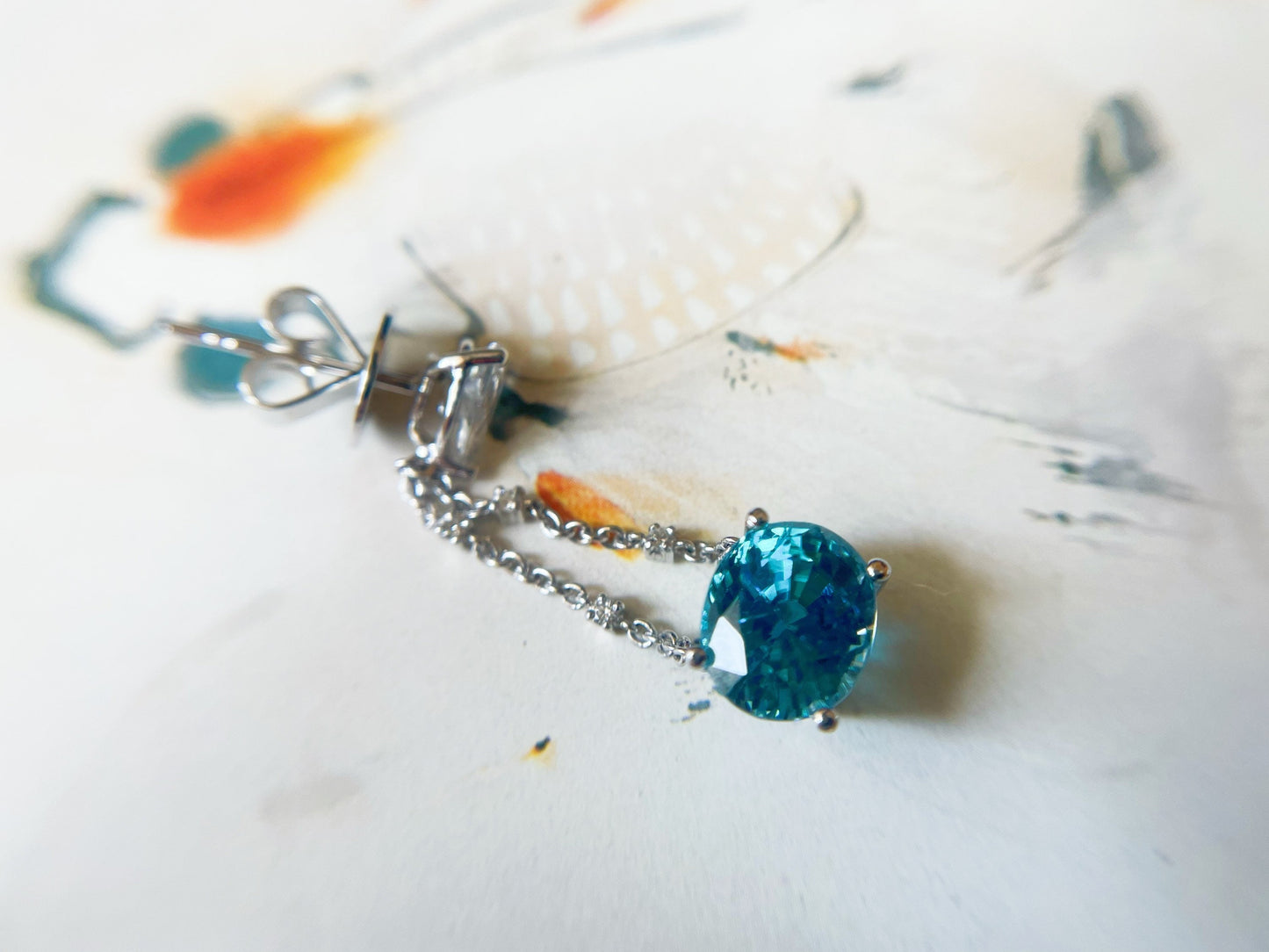 18K White Gold Diamond Drop Earrings with Blue Zircons Sapphires