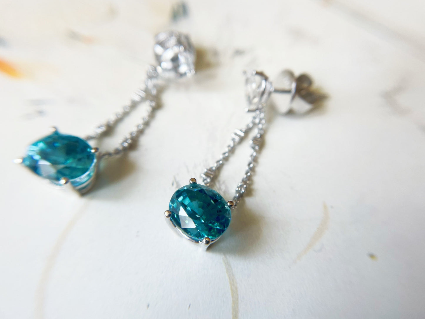 18K White Gold Diamond Drop Earrings with Blue Zircons Sapphires