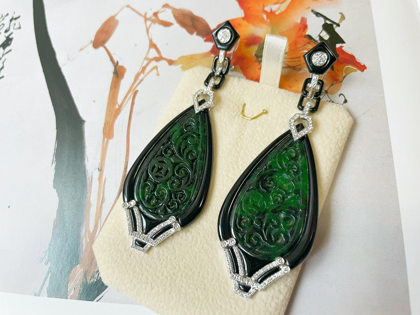 Natural Myanmar Intense Green Jadeite Jade Carved Diamond Earrings, Jade Earrings with Black Agate