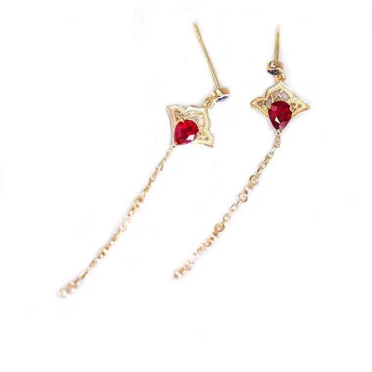 Oriental Fan Ruby Blue Sapphire 18K Gold Dangle Earrings