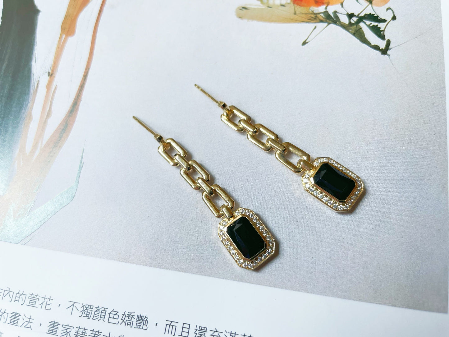 Black Spinel and Jade Chain Earrings in Gold 14K 18K