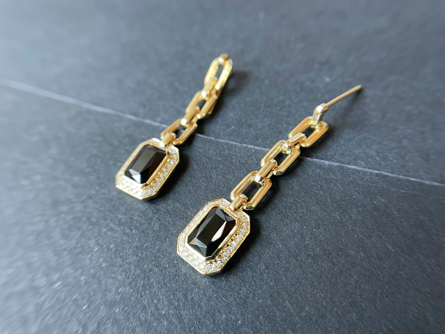 Black Spinel and Jade Chain Earrings in Gold 14K 18K