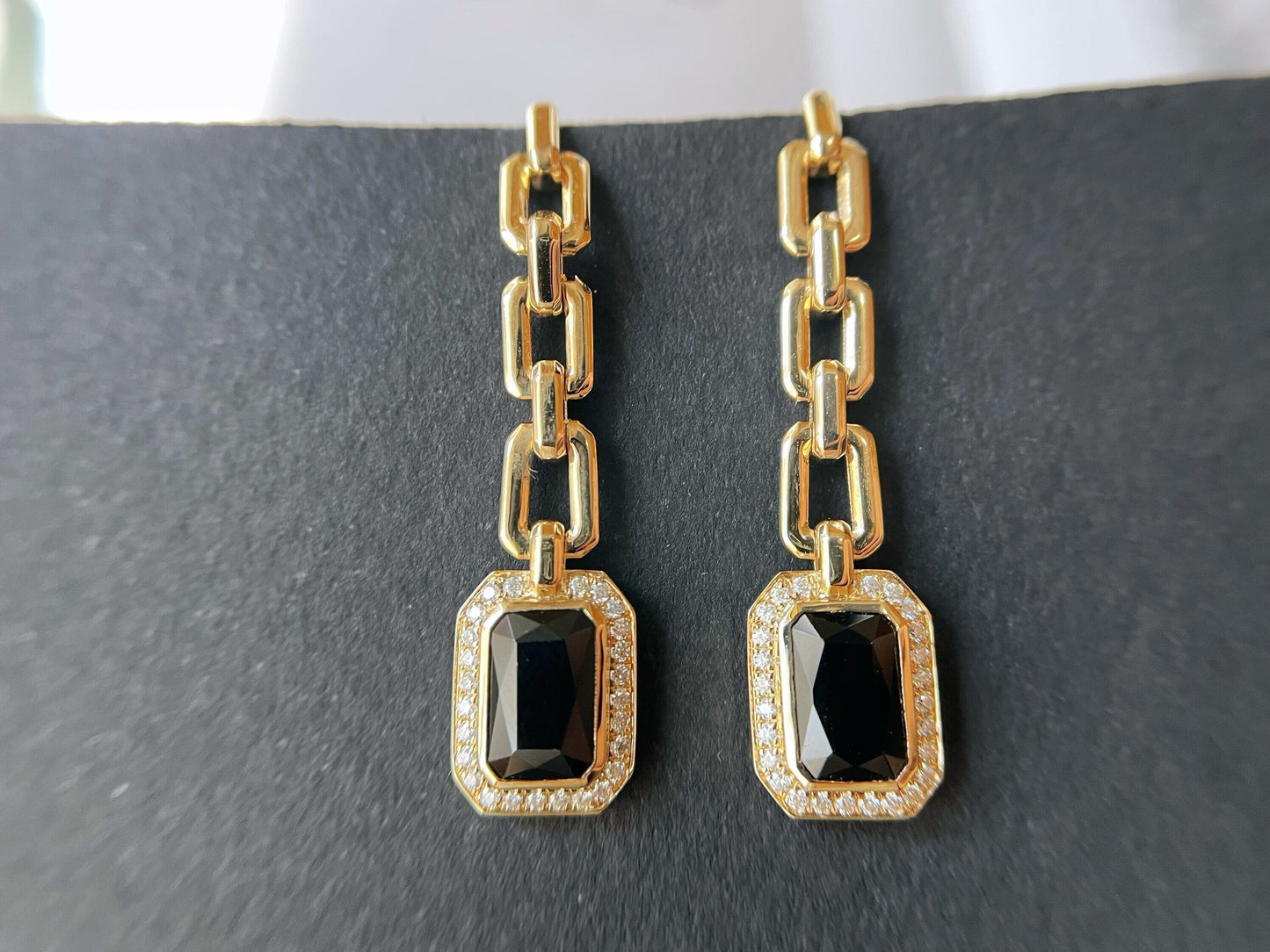 Black Spinel and Jade Chain Earrings in Gold 14K 18K