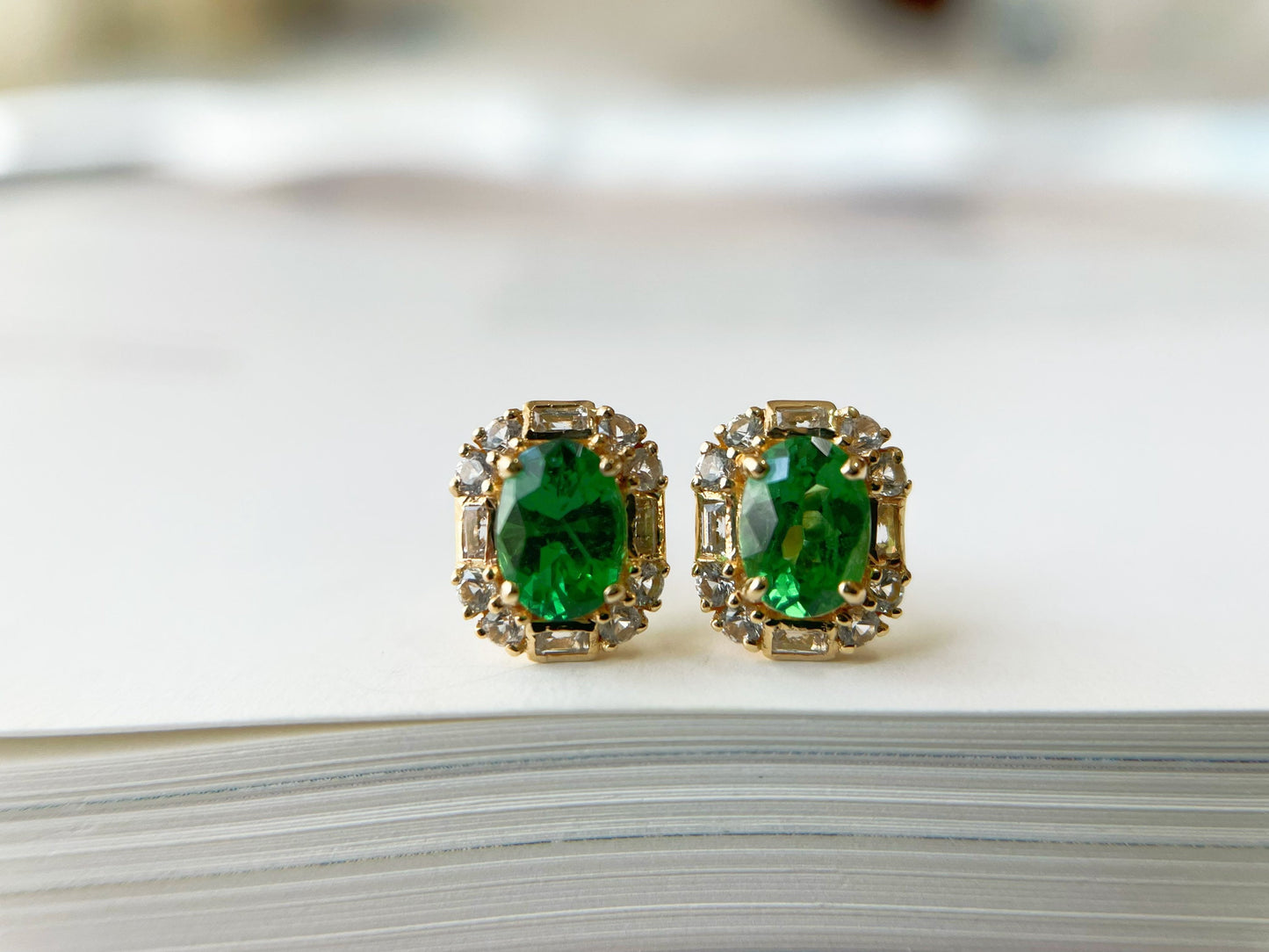 1.15 Ct - Natural Tsavorite in 18K Yellow Gold and White Sapphires Ear Studs, Oval Tsavorite Pair, Earrings