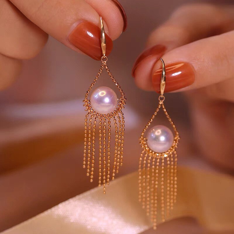 18K Gold Akoya Pearl Tassel Drop Earrings