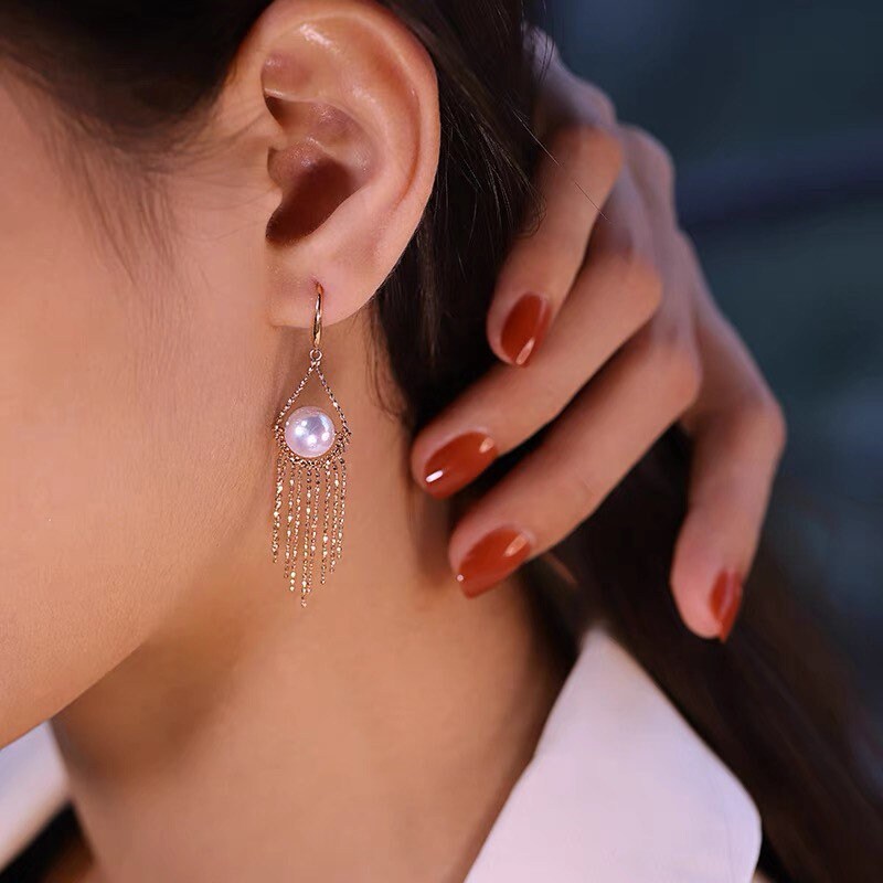 18K Gold Akoya Pearl Tassel Drop Earrings