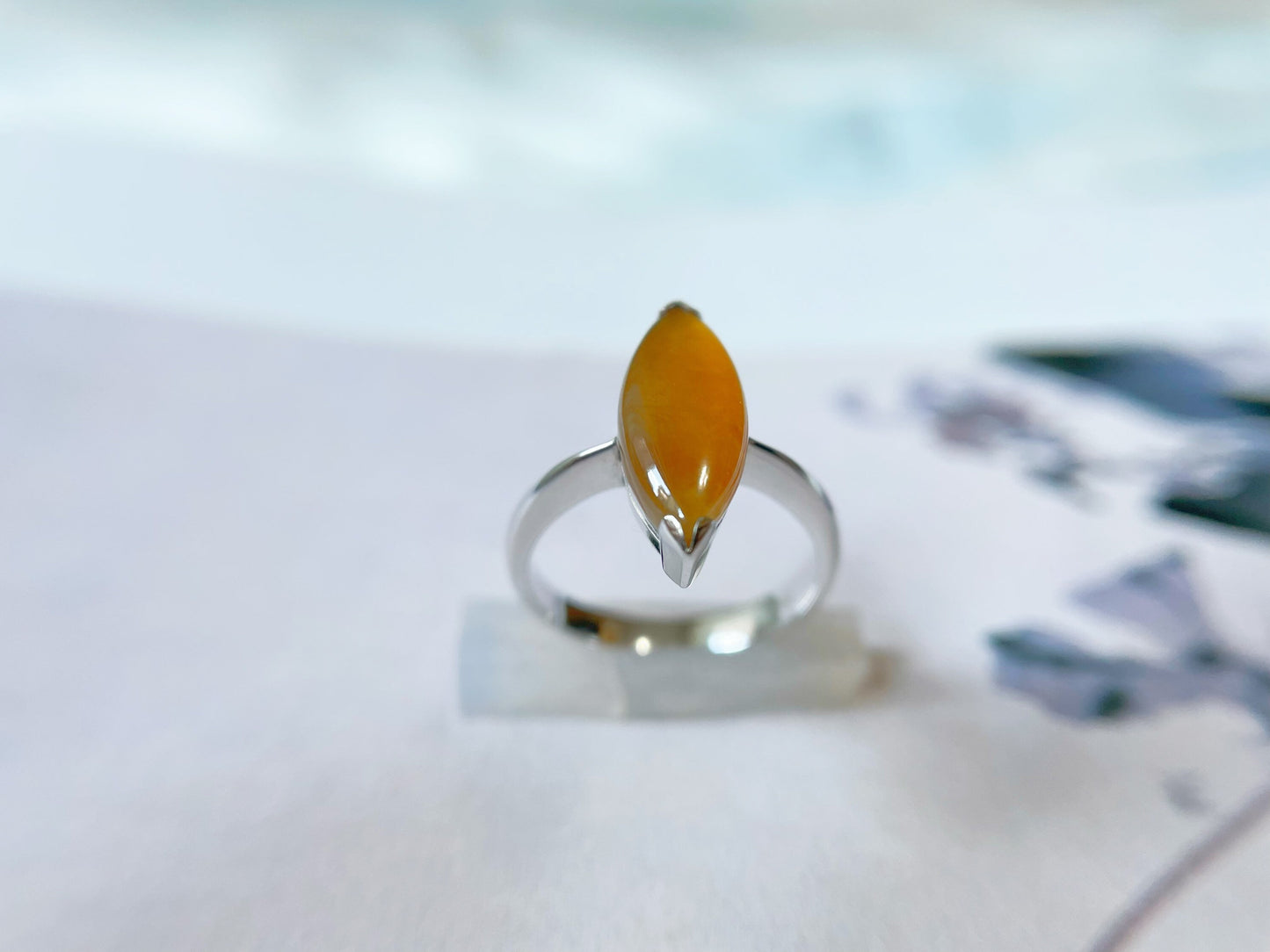 Icy Honey Yellow Marquise Jadeite Ring - 18K White Gold