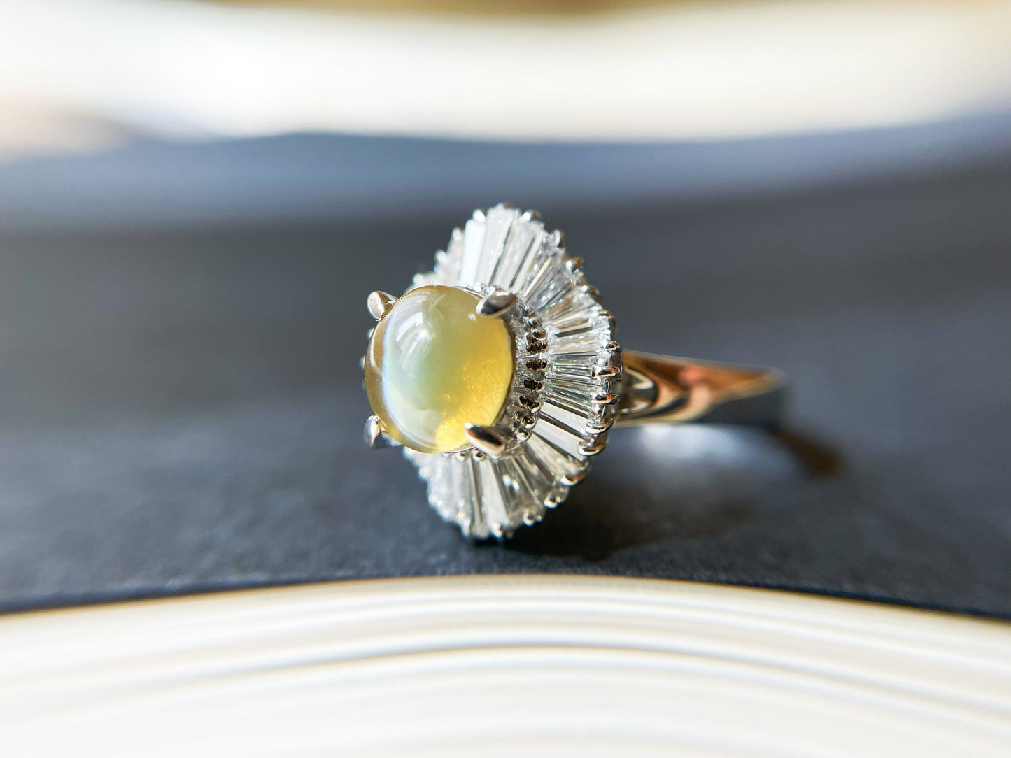 2.03 Ct - Natural Honey Color Chrysoberyl Cat's Eye Gemstone with Diamond set in Platinum Ring, Honey Yellow Color Gemstone Ring