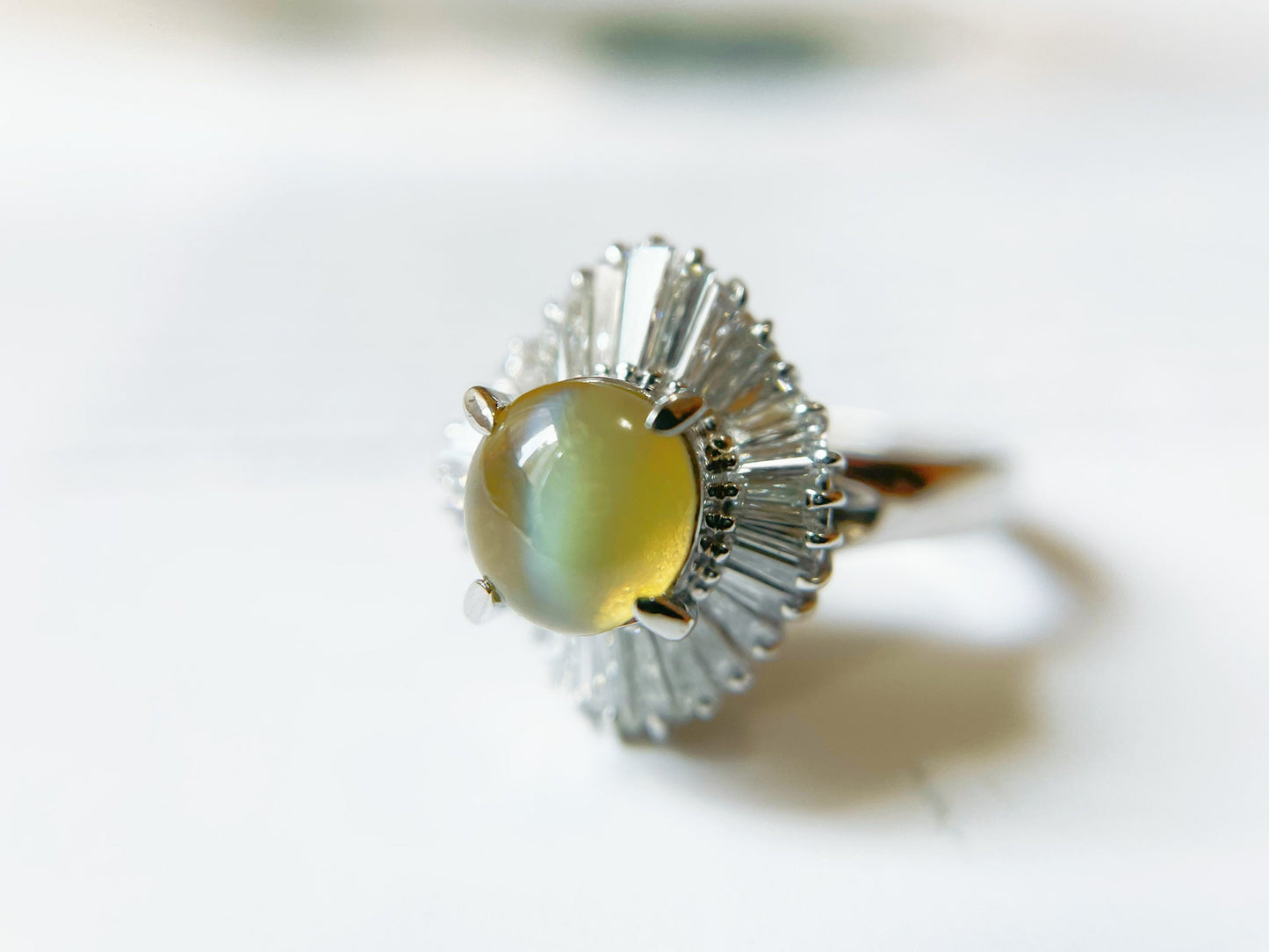 2.03 Ct - Natural Honey Color Chrysoberyl Cat's Eye Gemstone with Diamond set in Platinum Ring, Honey Yellow Color Gemstone Ring