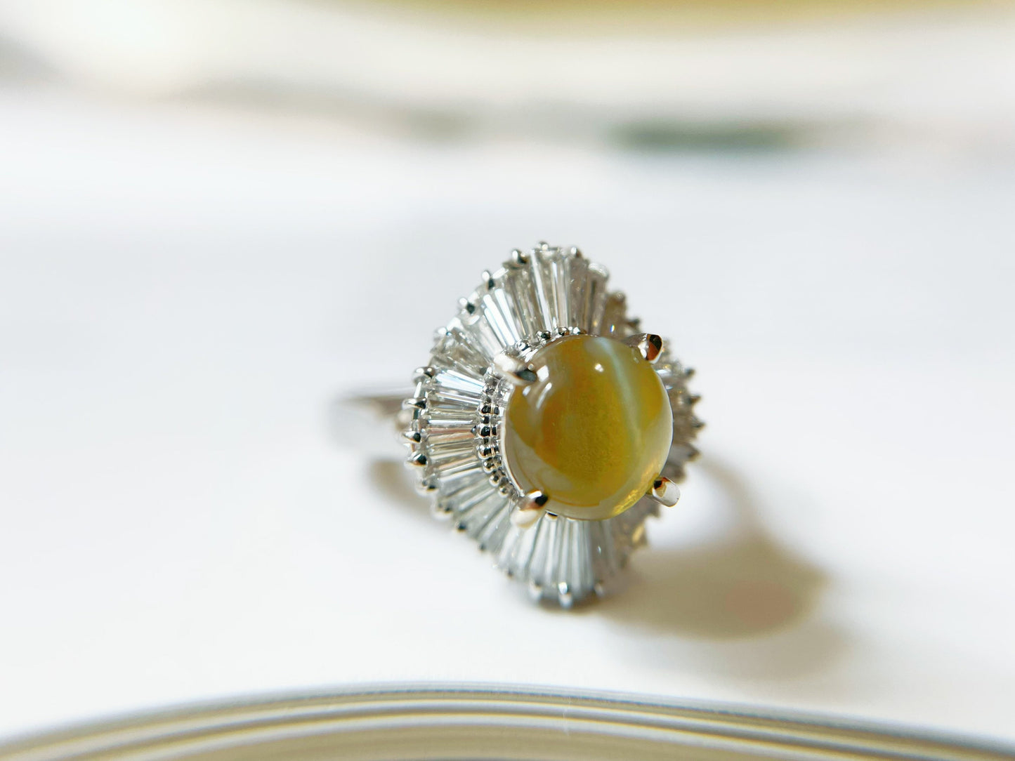 2.03 Ct - Natural Honey Color Chrysoberyl Cat's Eye Gemstone with Diamond set in Platinum Ring, Honey Yellow Color Gemstone Ring