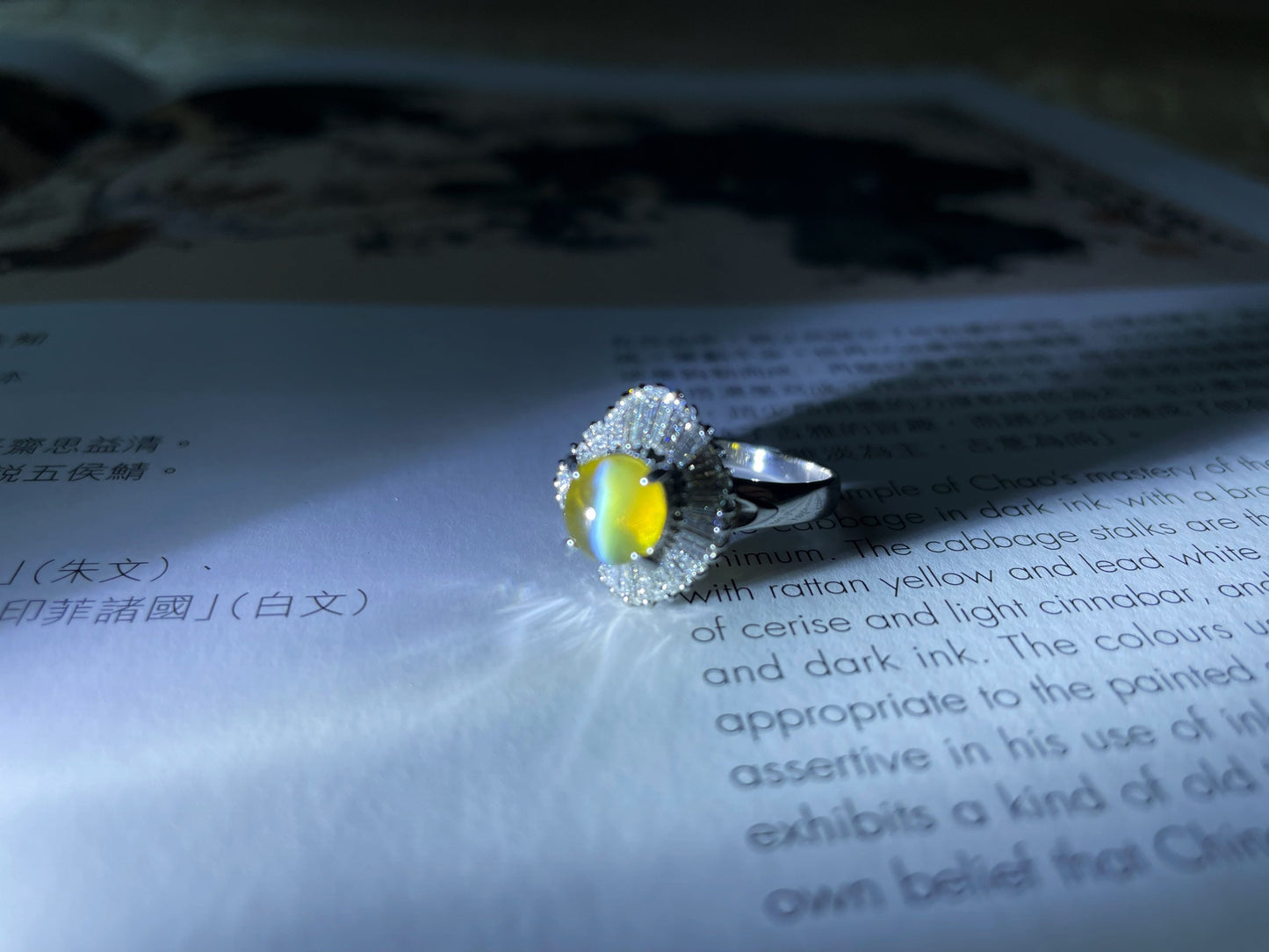 2.03 Ct - Natural Honey Color Chrysoberyl Cat's Eye Gemstone with Diamond set in Platinum Ring, Honey Yellow Color Gemstone Ring
