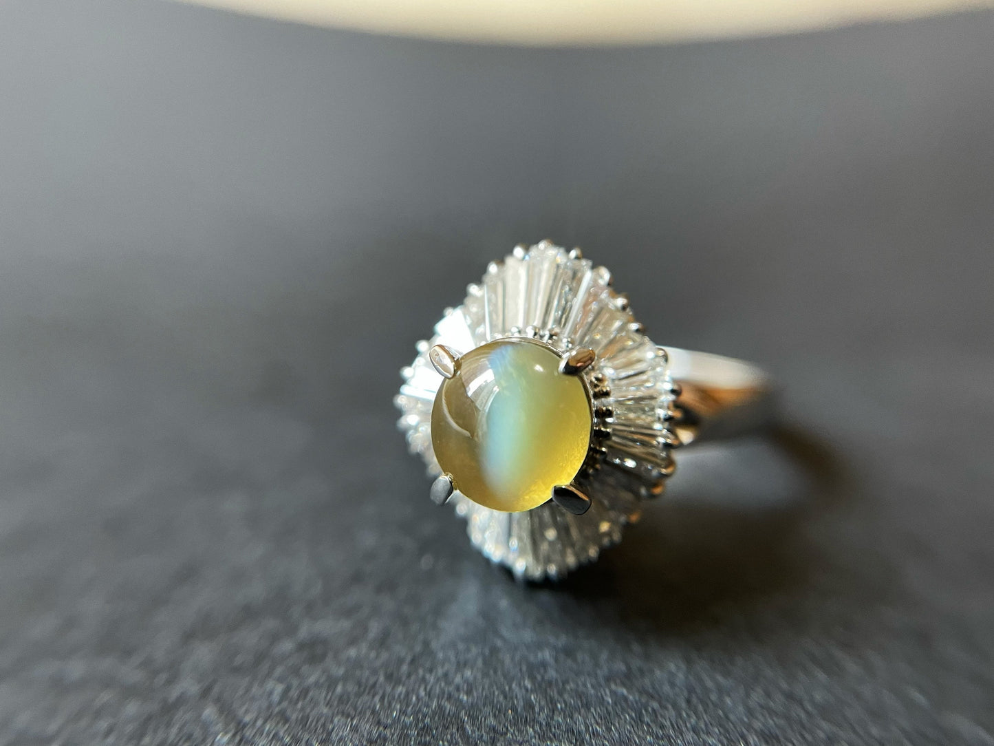 2.03 Ct - Natural Honey Color Chrysoberyl Cat's Eye Gemstone with Diamond set in Platinum Ring, Honey Yellow Color Gemstone Ring