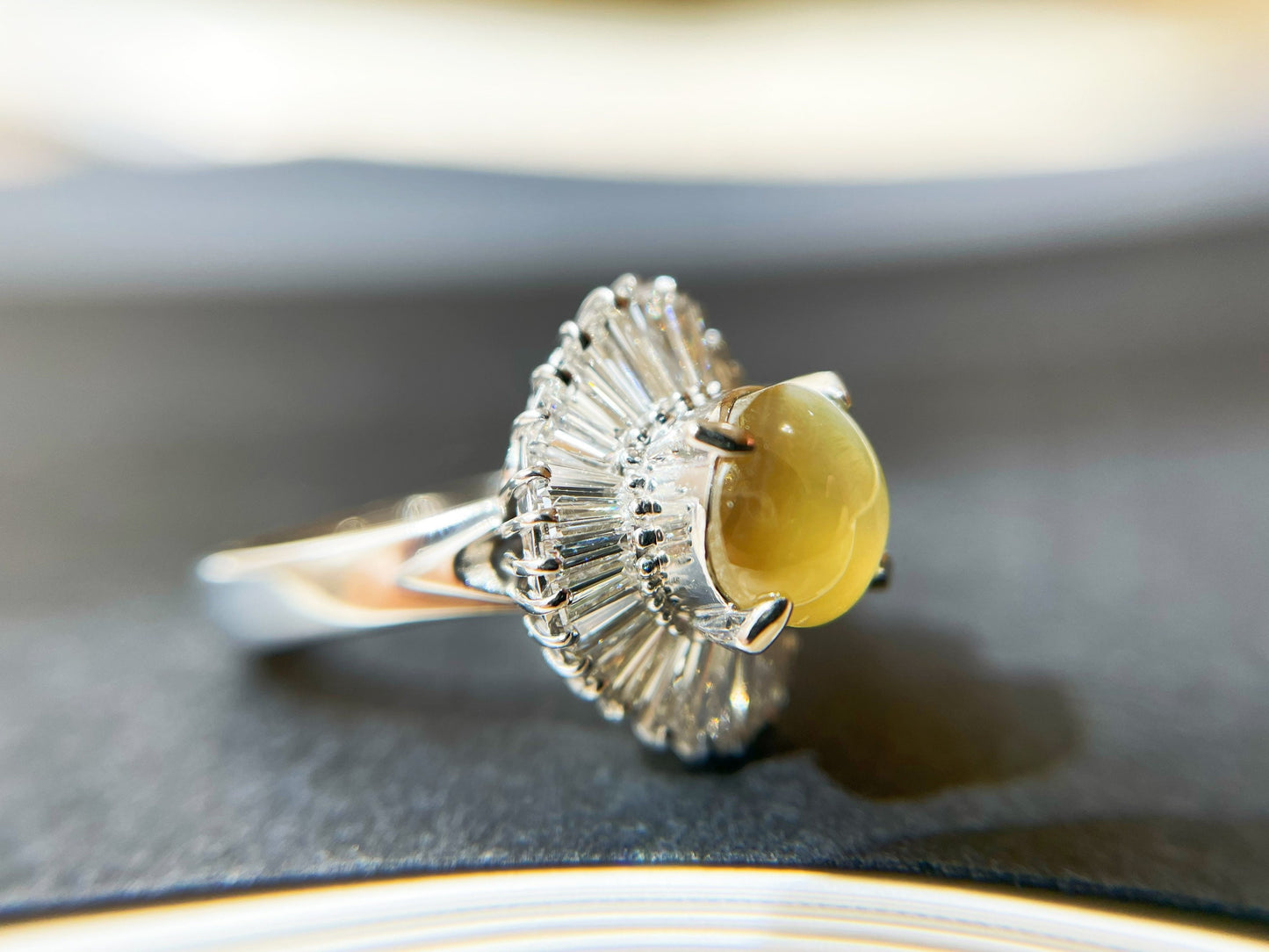 2.03 Ct - Natural Honey Color Chrysoberyl Cat's Eye Gemstone with Diamond set in Platinum Ring, Honey Yellow Color Gemstone Ring