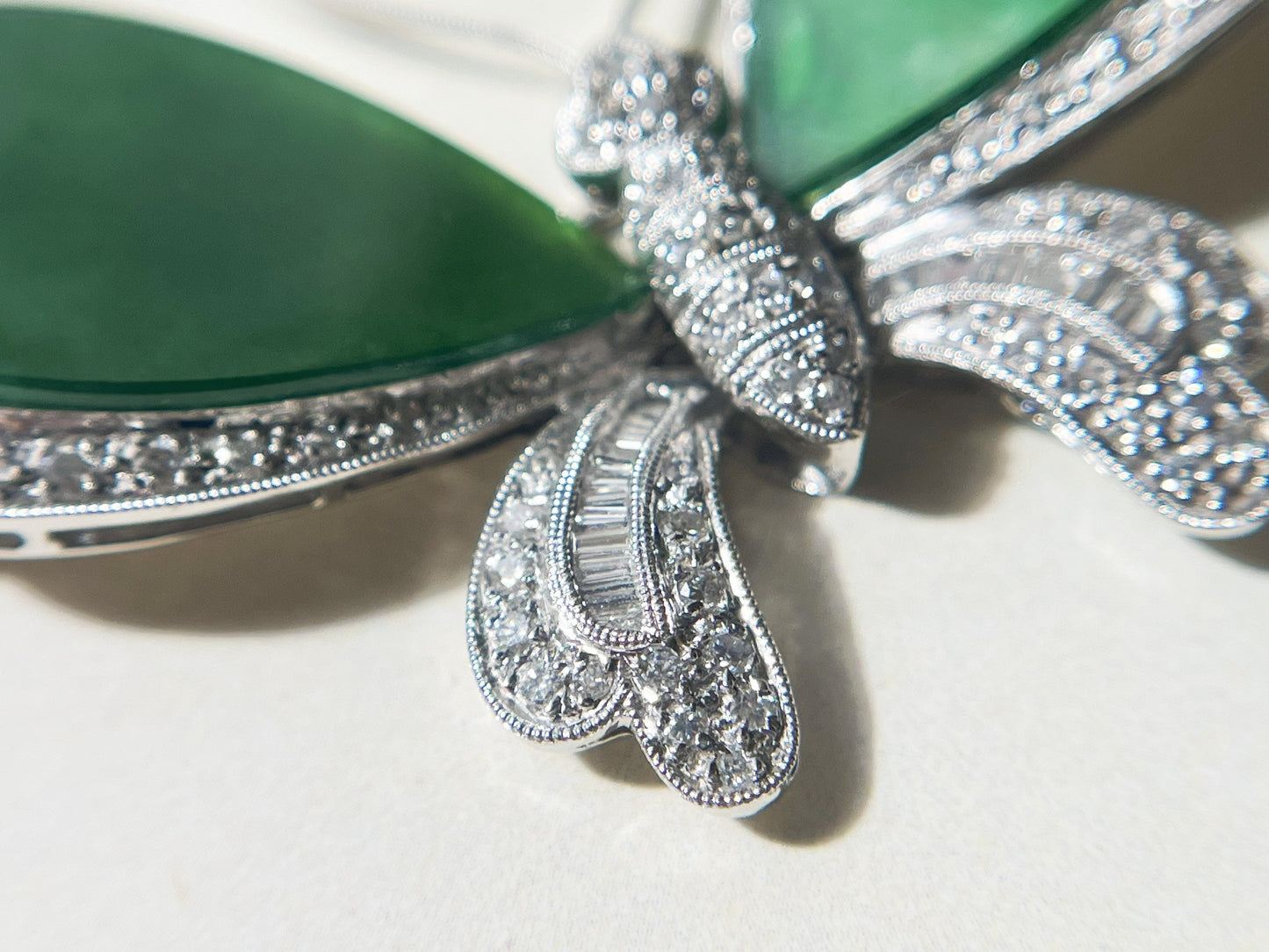 Natural Myanmar Iridescent Green Jadeite Jade Butterfly Brooch and Pendant