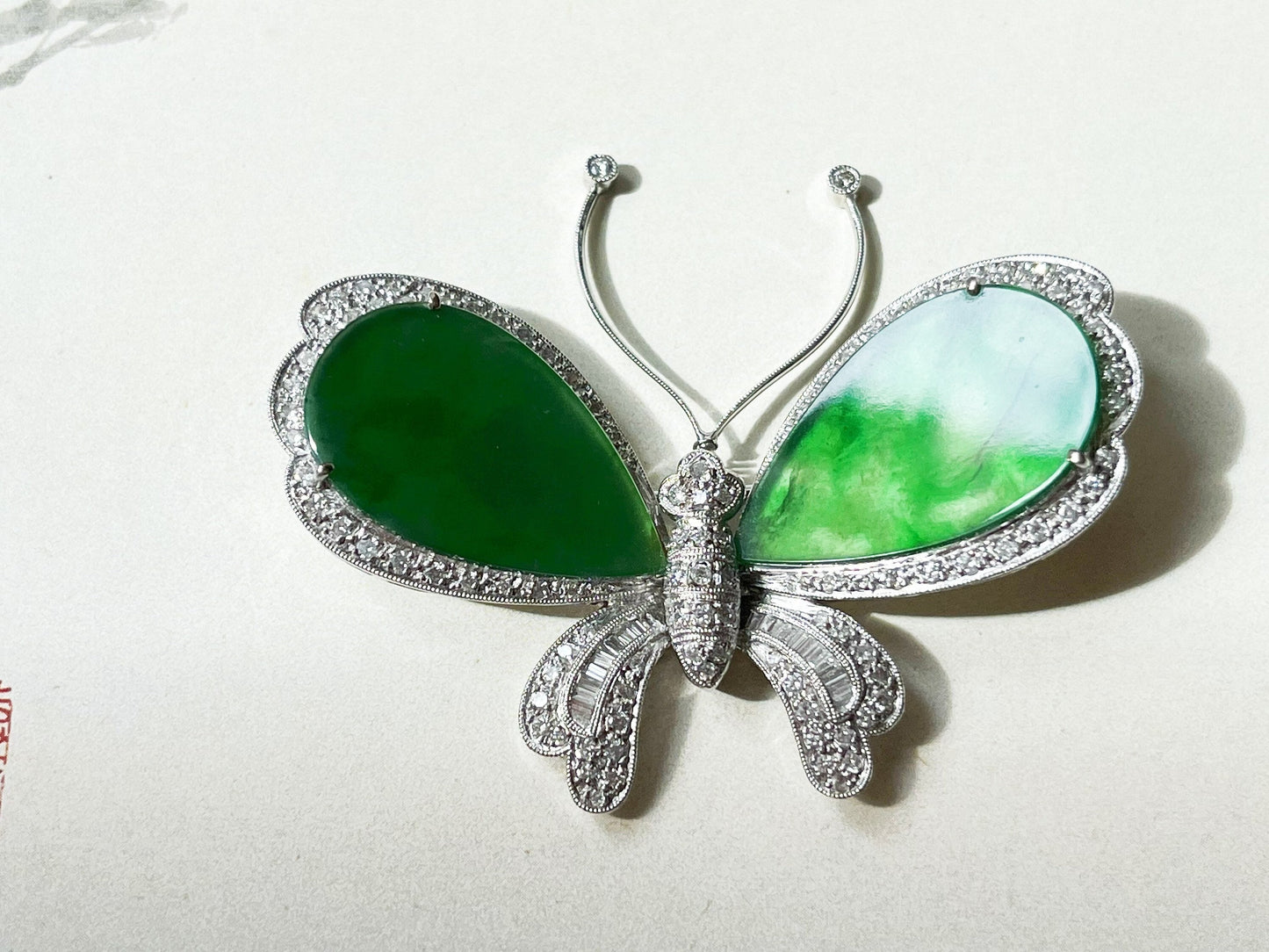 Natural Myanmar Iridescent Green Jadeite Jade Butterfly Brooch and Pendant