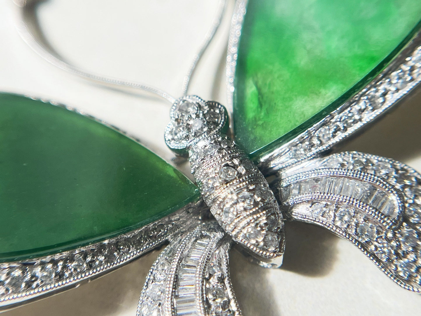 Natural Myanmar Iridescent Green Jadeite Jade Butterfly Brooch and Pendant