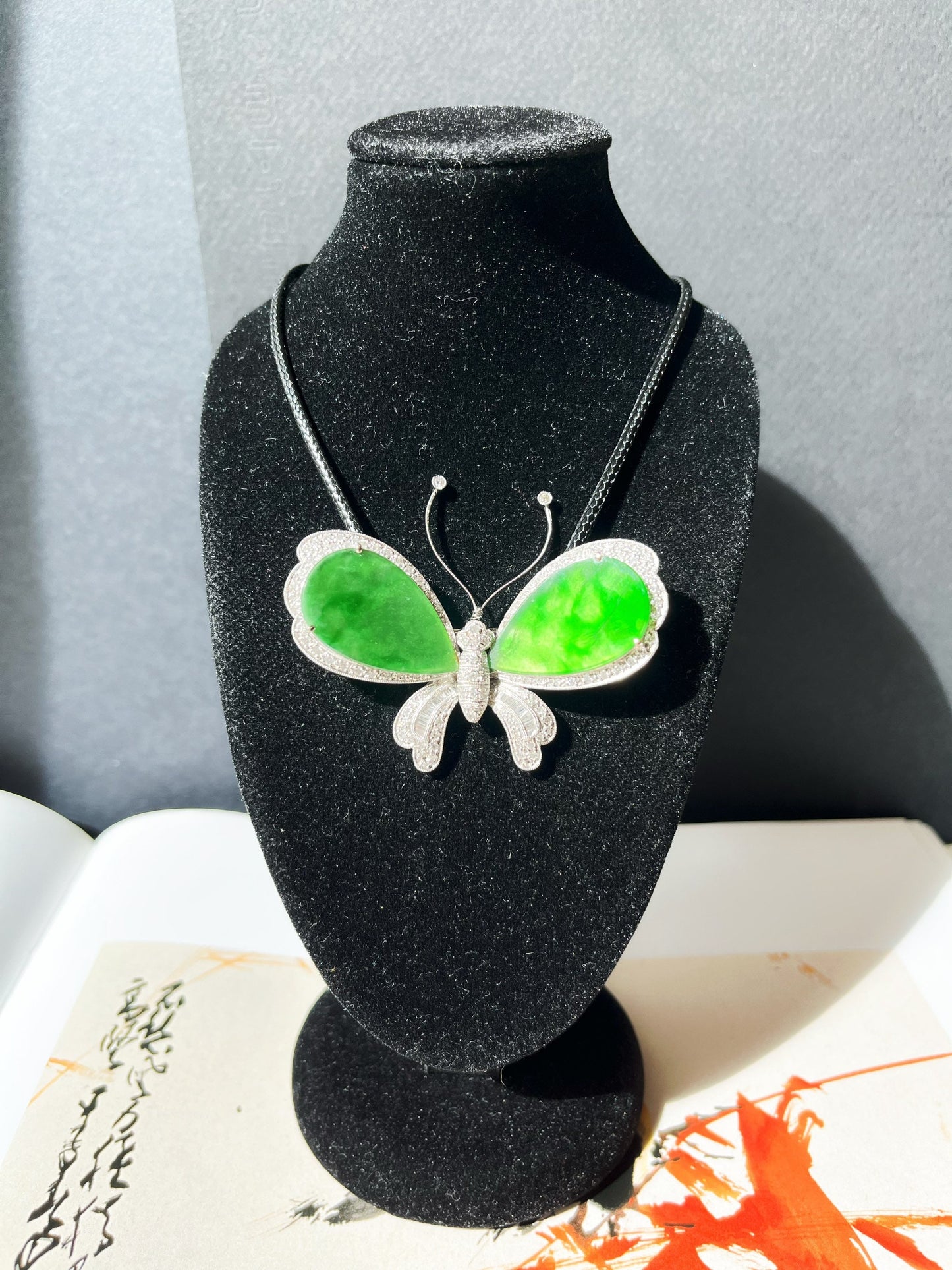 Natural Myanmar Iridescent Green Jadeite Jade Butterfly Brooch and Pendant
