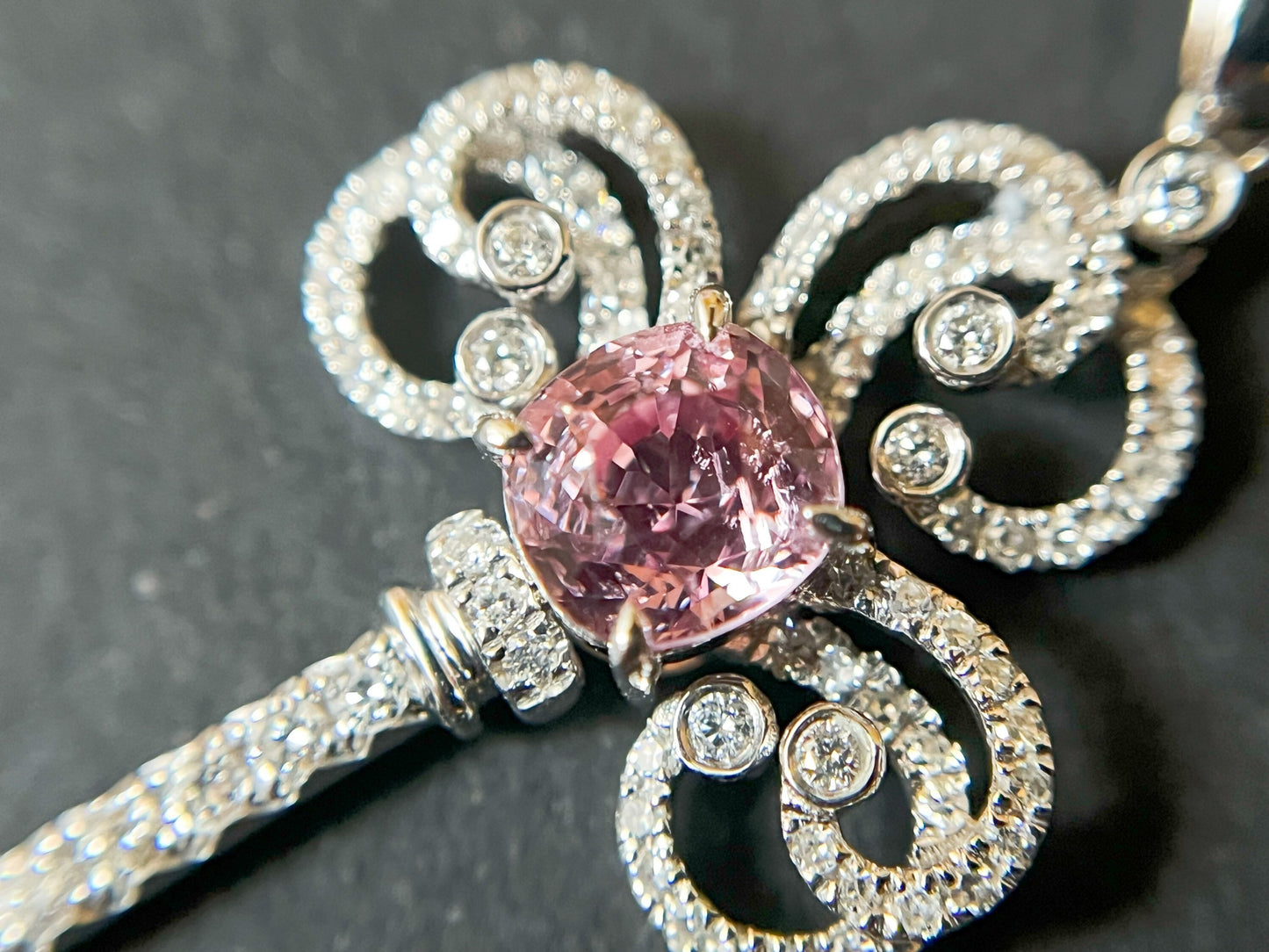 18K White Gold Certified Padparadscha Sapphire Diamond Key Pendant