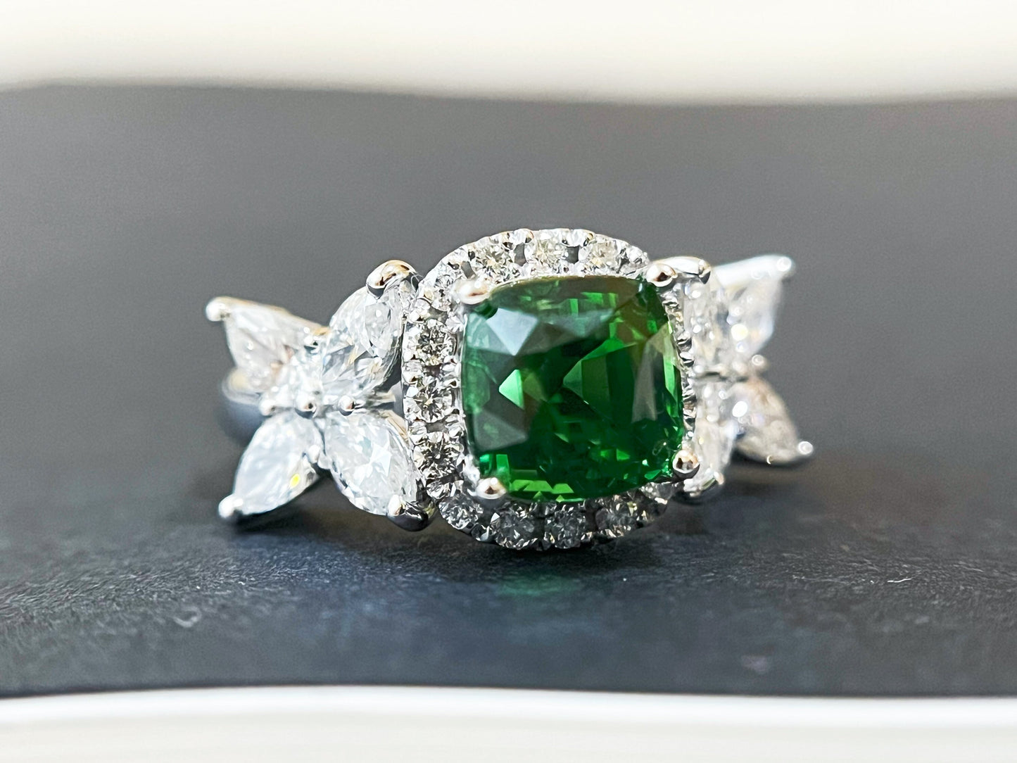 Certified Tsavorite Diamond Ring in 18K White Gold