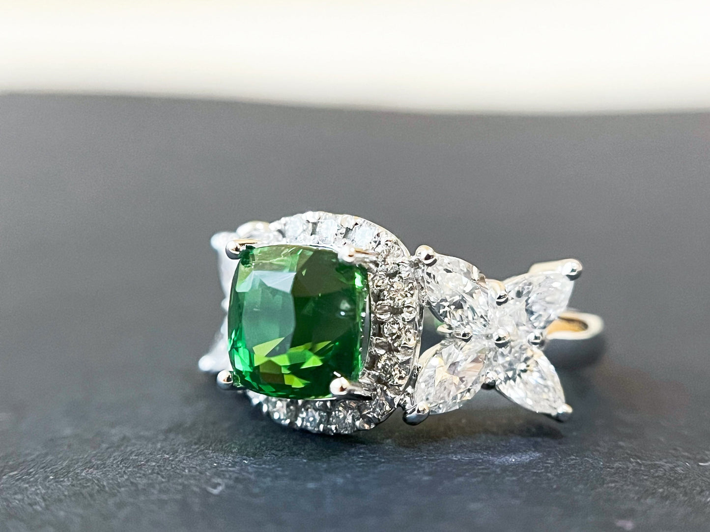 Certified Tsavorite Diamond Ring in 18K White Gold