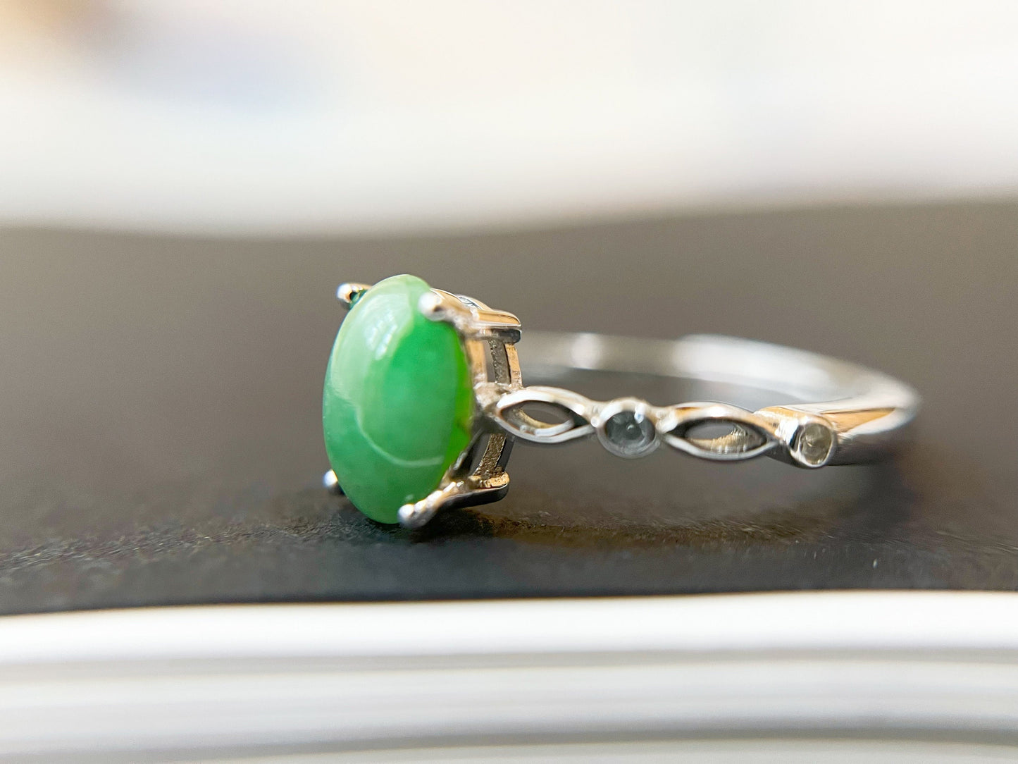 Green Jade Ring - with Silver and Zircon