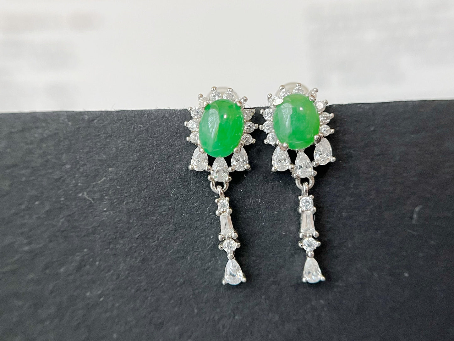 Green Jade Earrings - Sterling Silver and Zircon