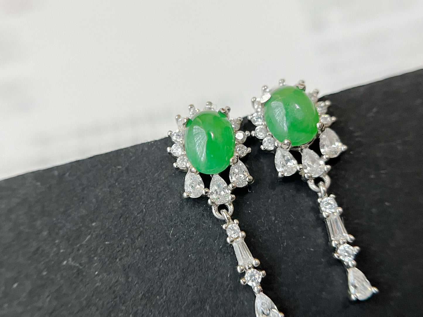 Green Jade Earrings - Sterling Silver and Zircon