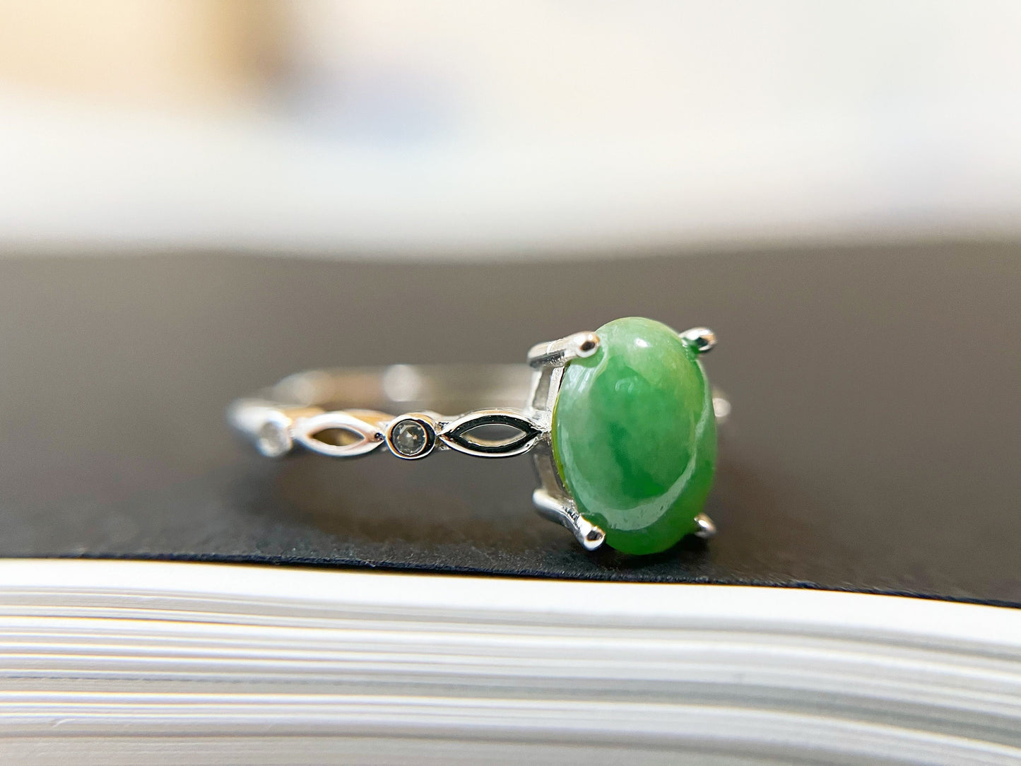 Green Jade Ring - with Silver and Zircon