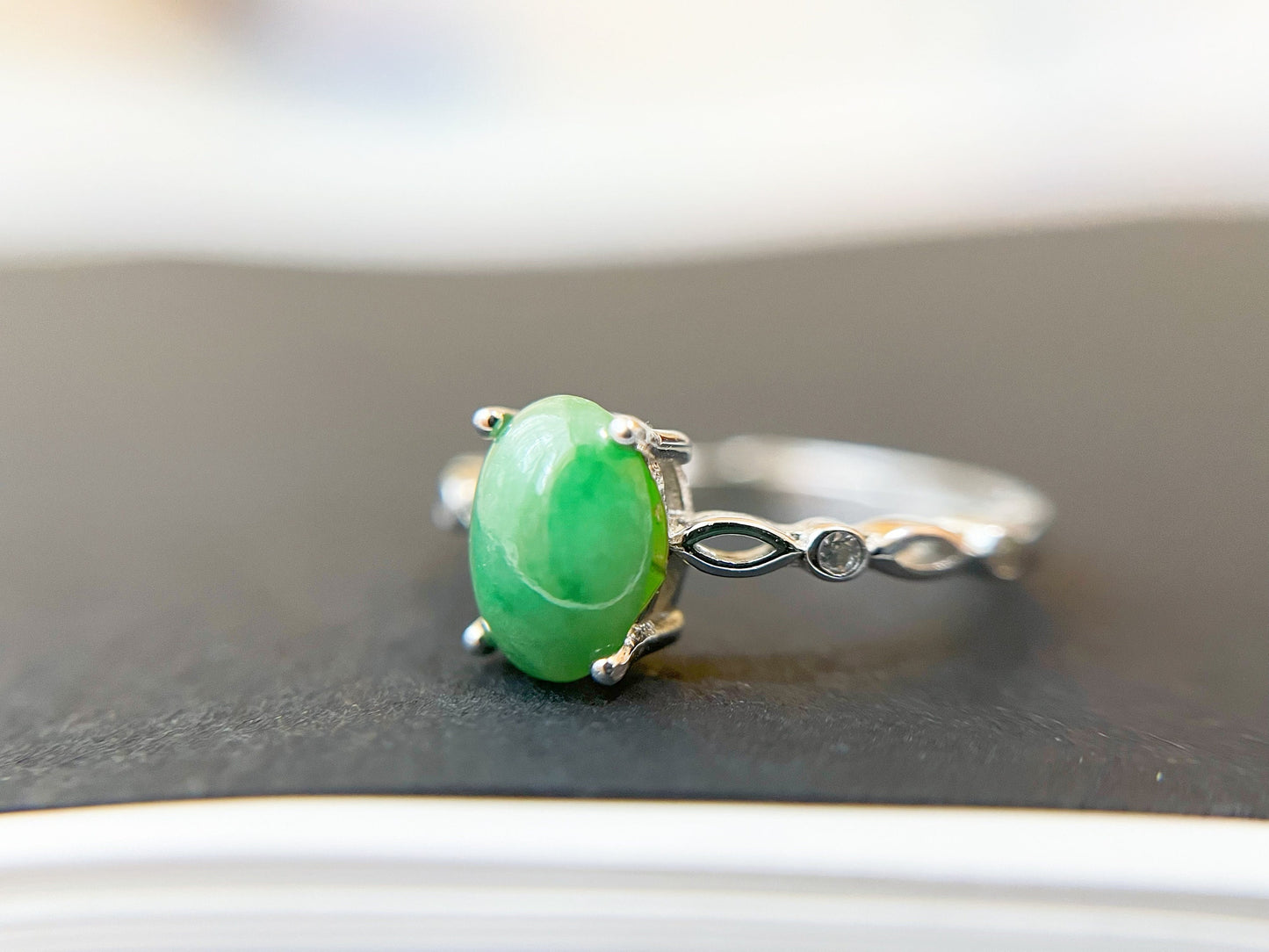 Green Jade Ring - with Silver and Zircon