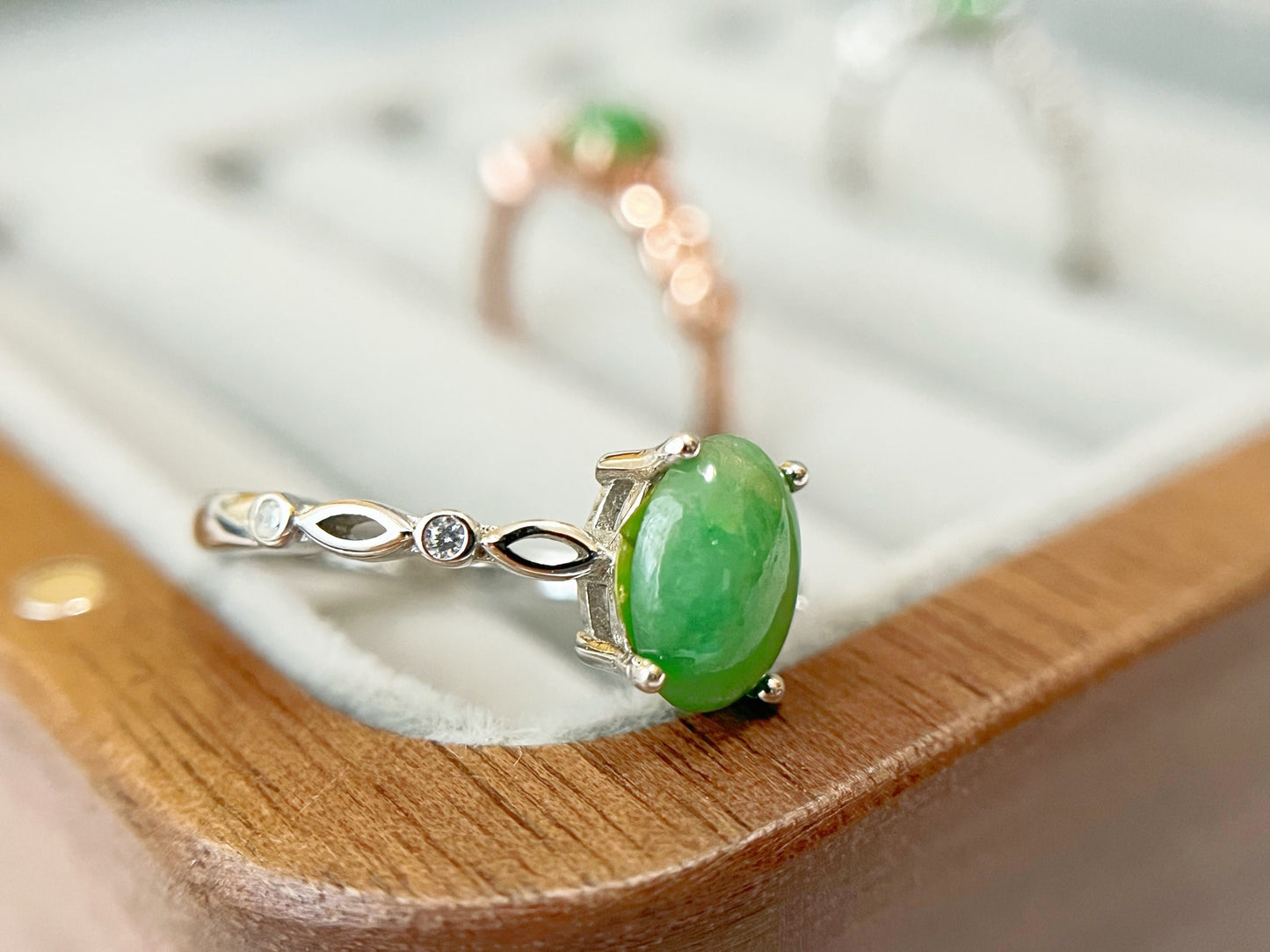 Green Jade Ring - with Silver and Zircon