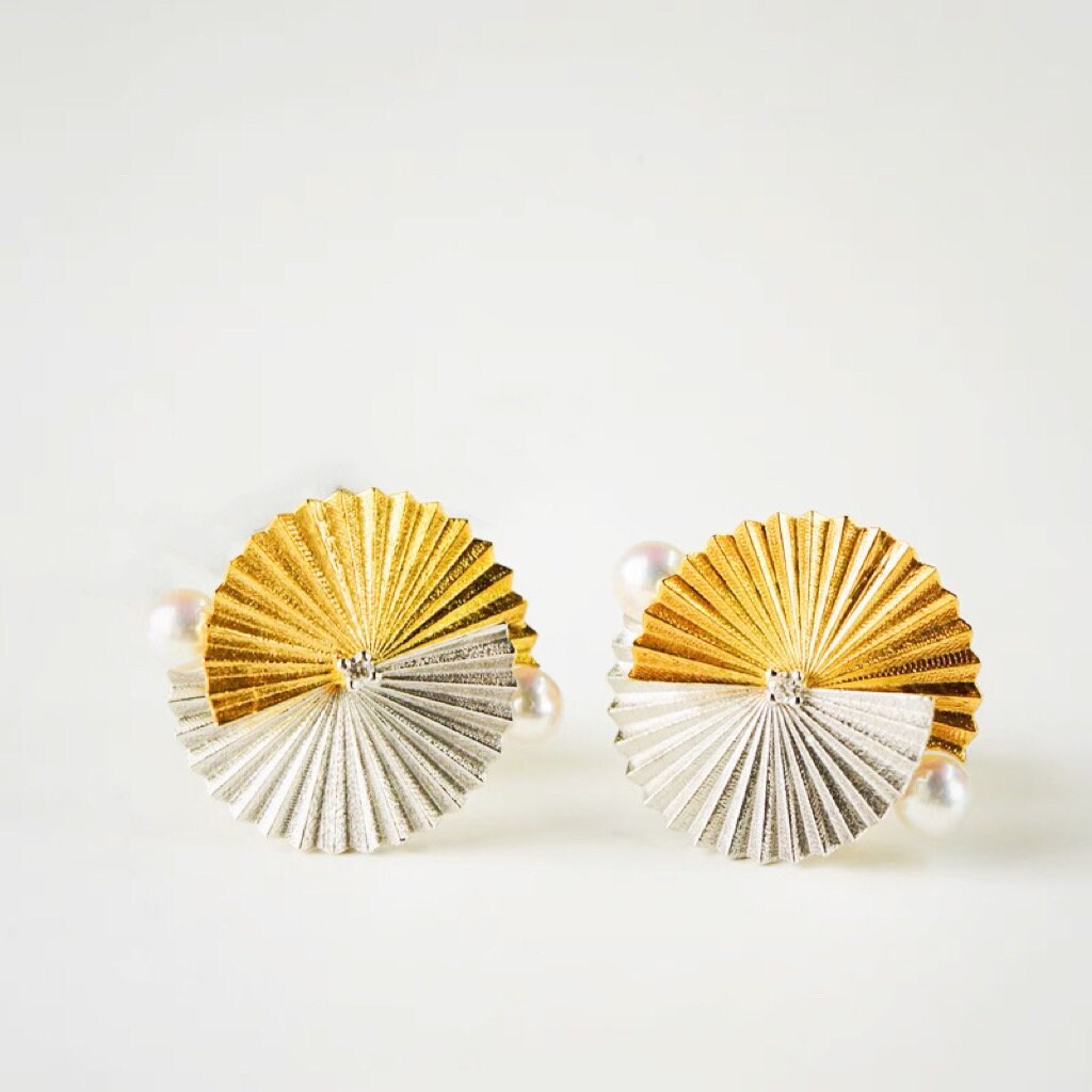 Japanese Akoya Pearl and Diamond Origami Fan Earrings