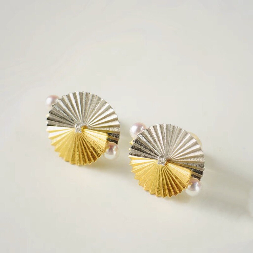 Japanese Akoya Pearl and Diamond Origami Fan Earrings