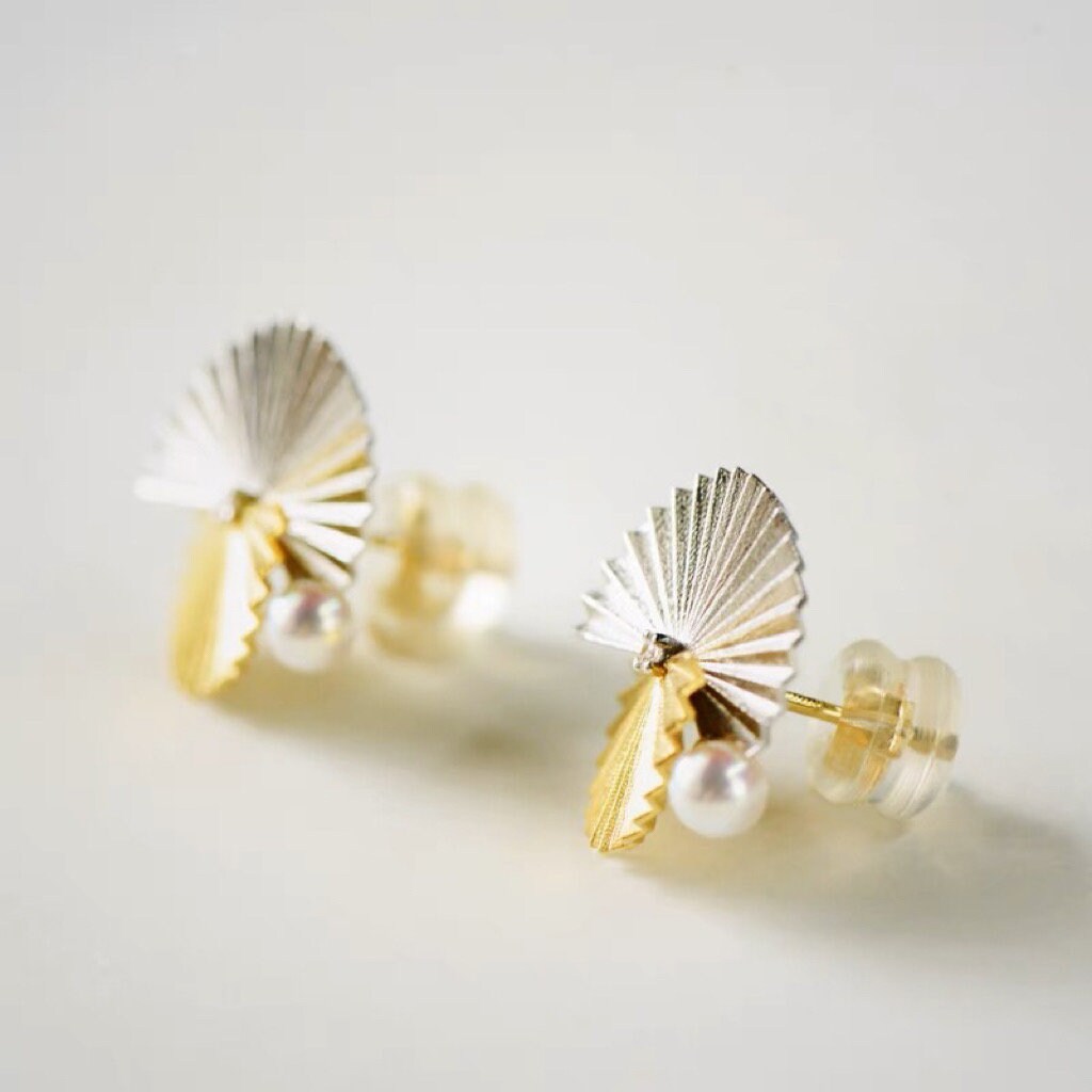 Japanese Akoya Pearl and Diamond Origami Fan Earrings