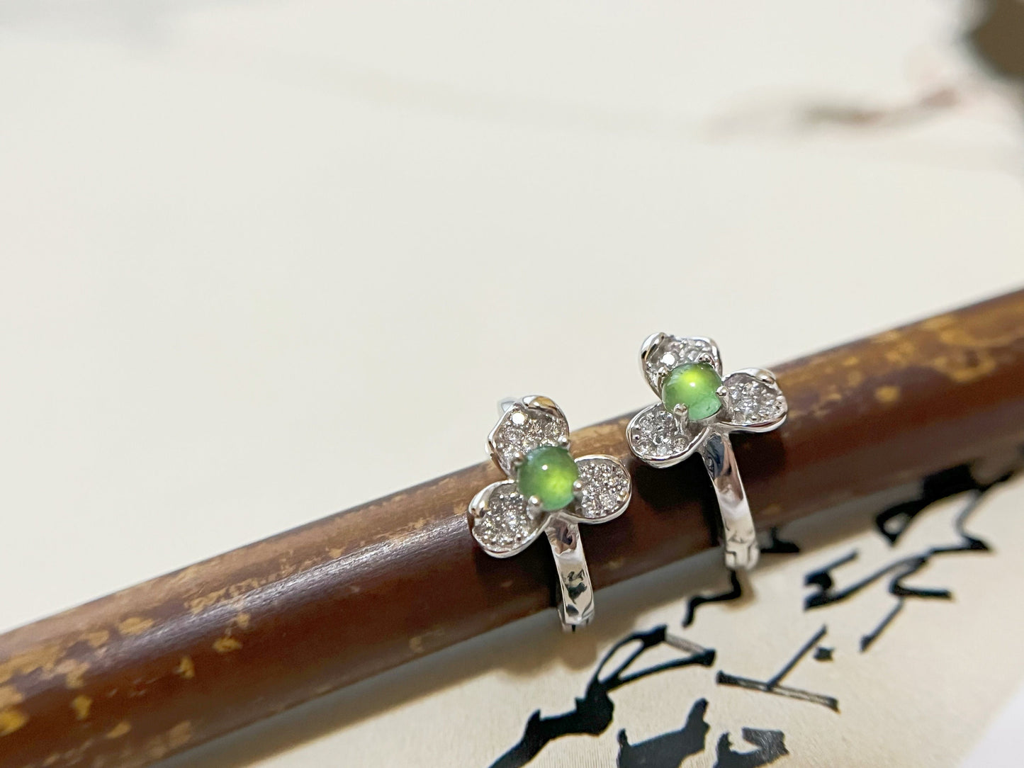 Natural Myanmar Icy Green Jade Cabochons Huggie Hoop Floral Shaped Earrings, set in 925 Sterling Silver and Zircons
