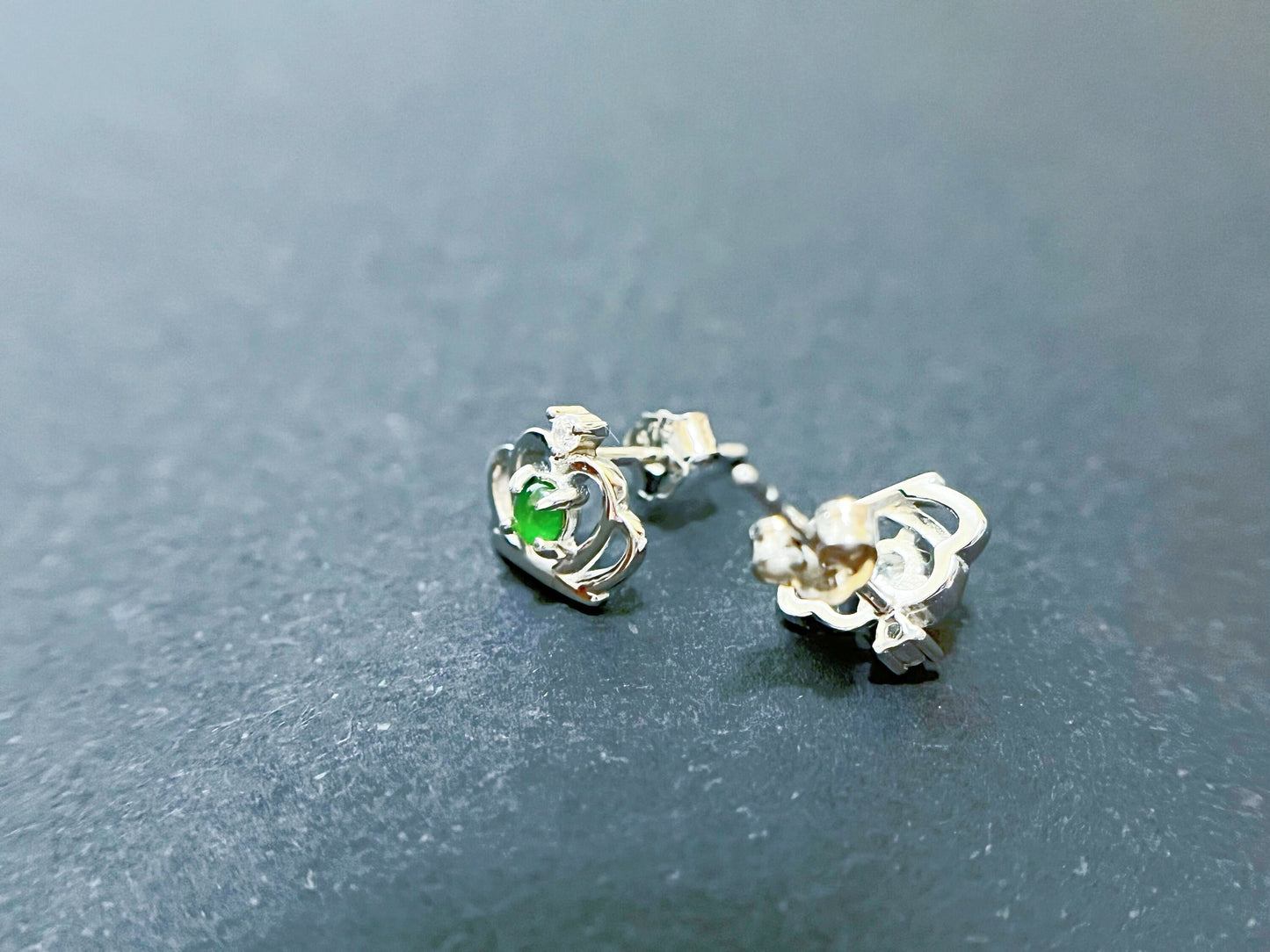 Natural Myanmar Vivid Green Jade Ear Studs, Crown-Shaped Silver Ear Studs with Brilliant Zircons