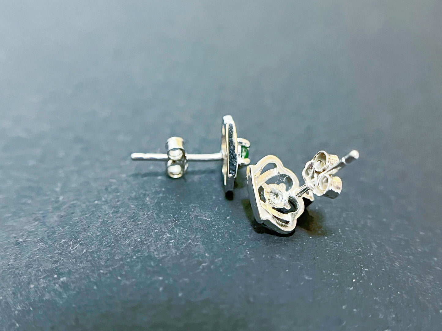 Natural Myanmar Vivid Green Jade Ear Studs, Crown-Shaped Silver Ear Studs with Brilliant Zircons