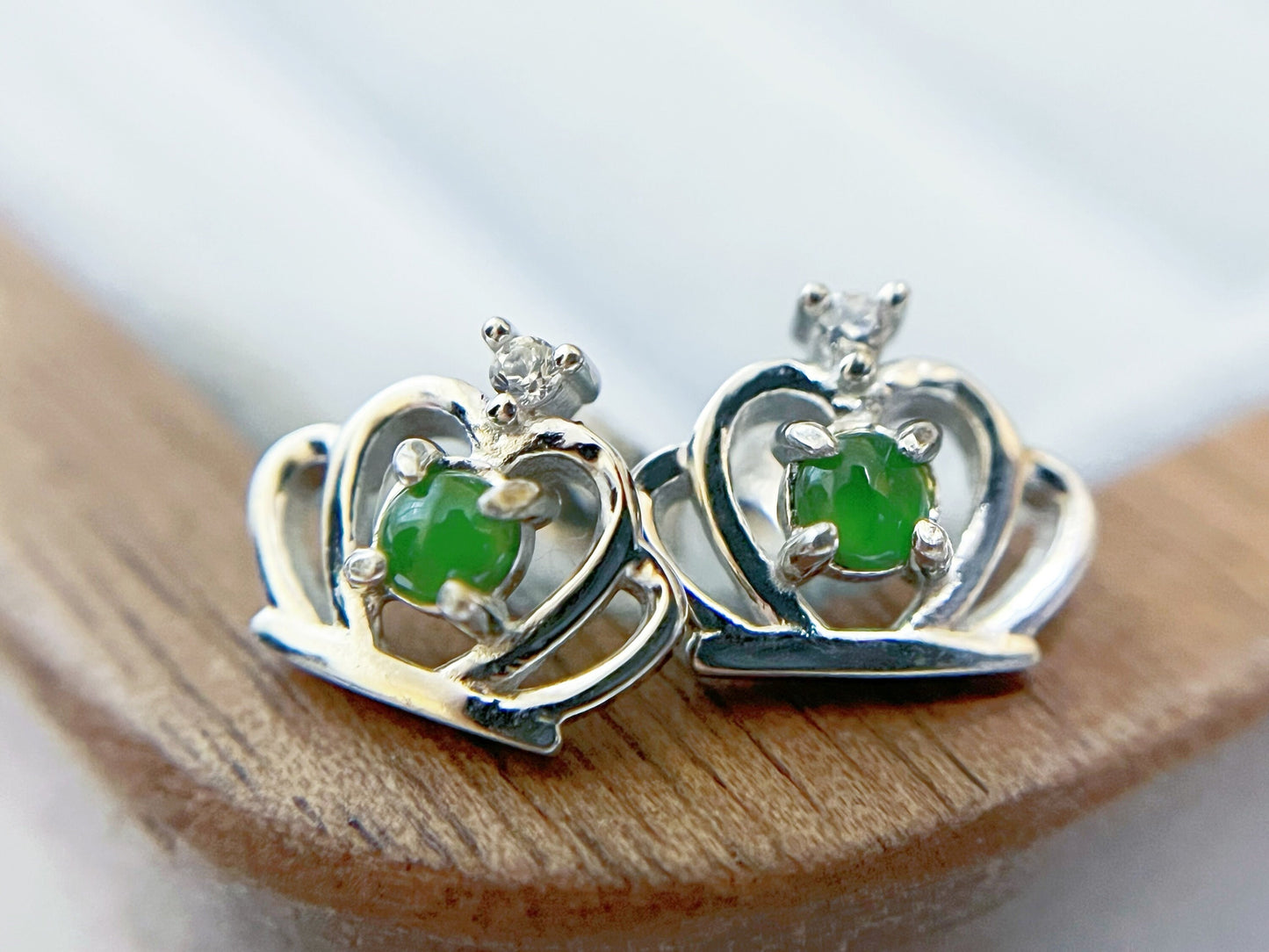 Natural Myanmar Vivid Green Jade Ear Studs, Crown-Shaped Silver Ear Studs with Brilliant Zircons