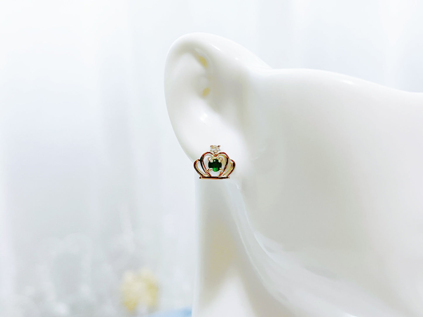 Green Jade and Zircon Silver Crown Ear Studs