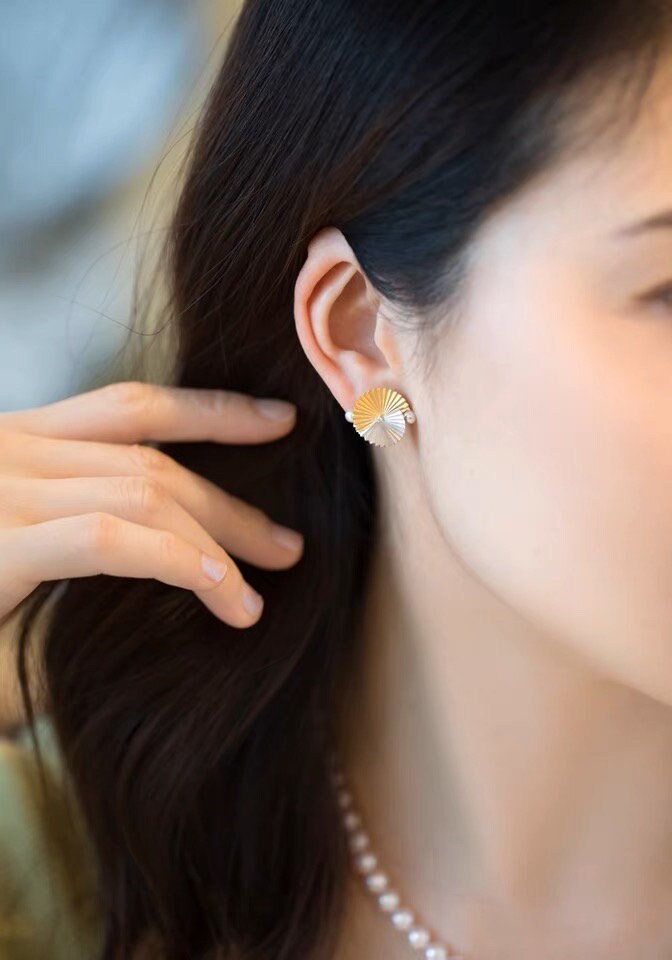 Japanese Akoya Pearl and Diamond Origami Fan Earrings