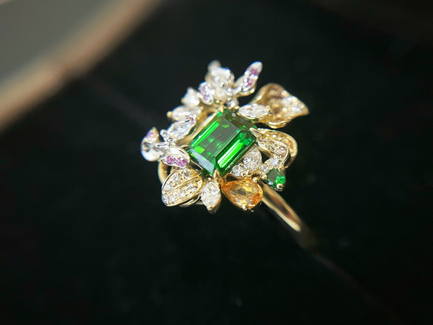 Vivid Green Tsavorite Flower Statement Ring with Diamonds Sapphires and Rubies