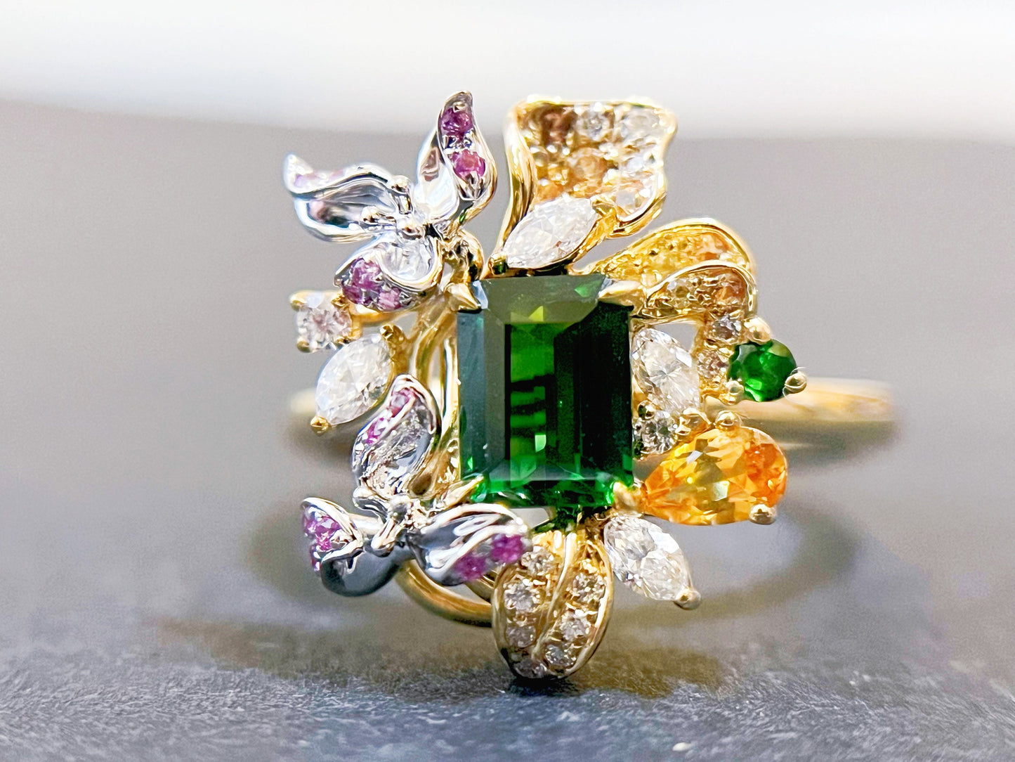Vivid Green Tsavorite Flower Statement Ring with Diamonds Sapphires and Rubies
