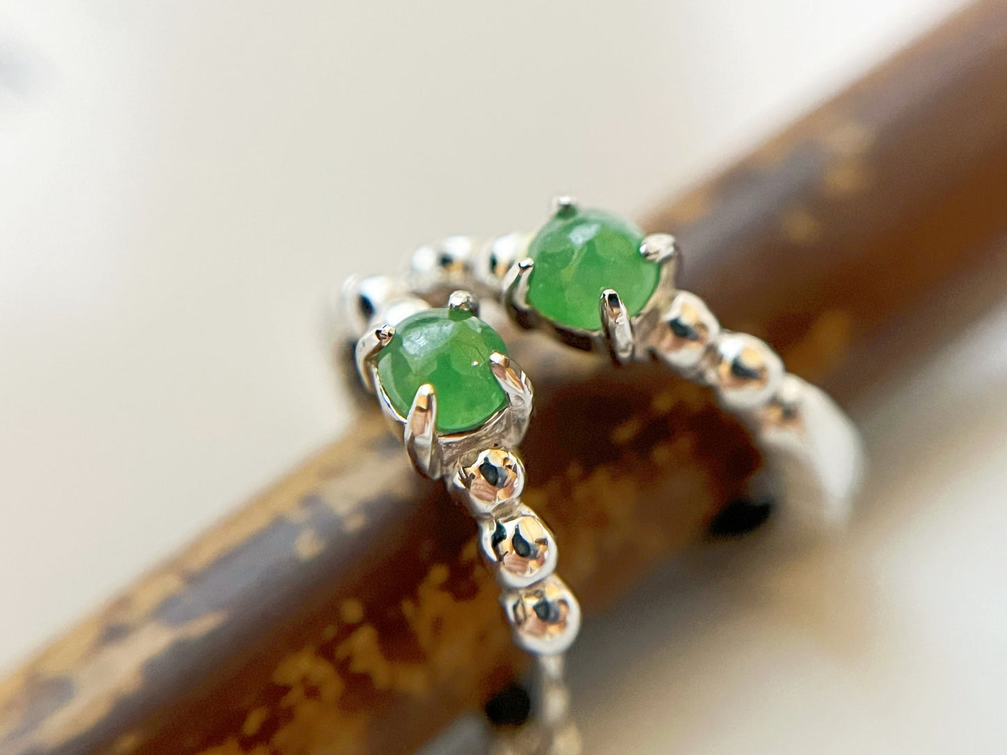 Natural Myanmar Vivid Green Jadeite Jade Cabochons Huggie Hoop Earrings