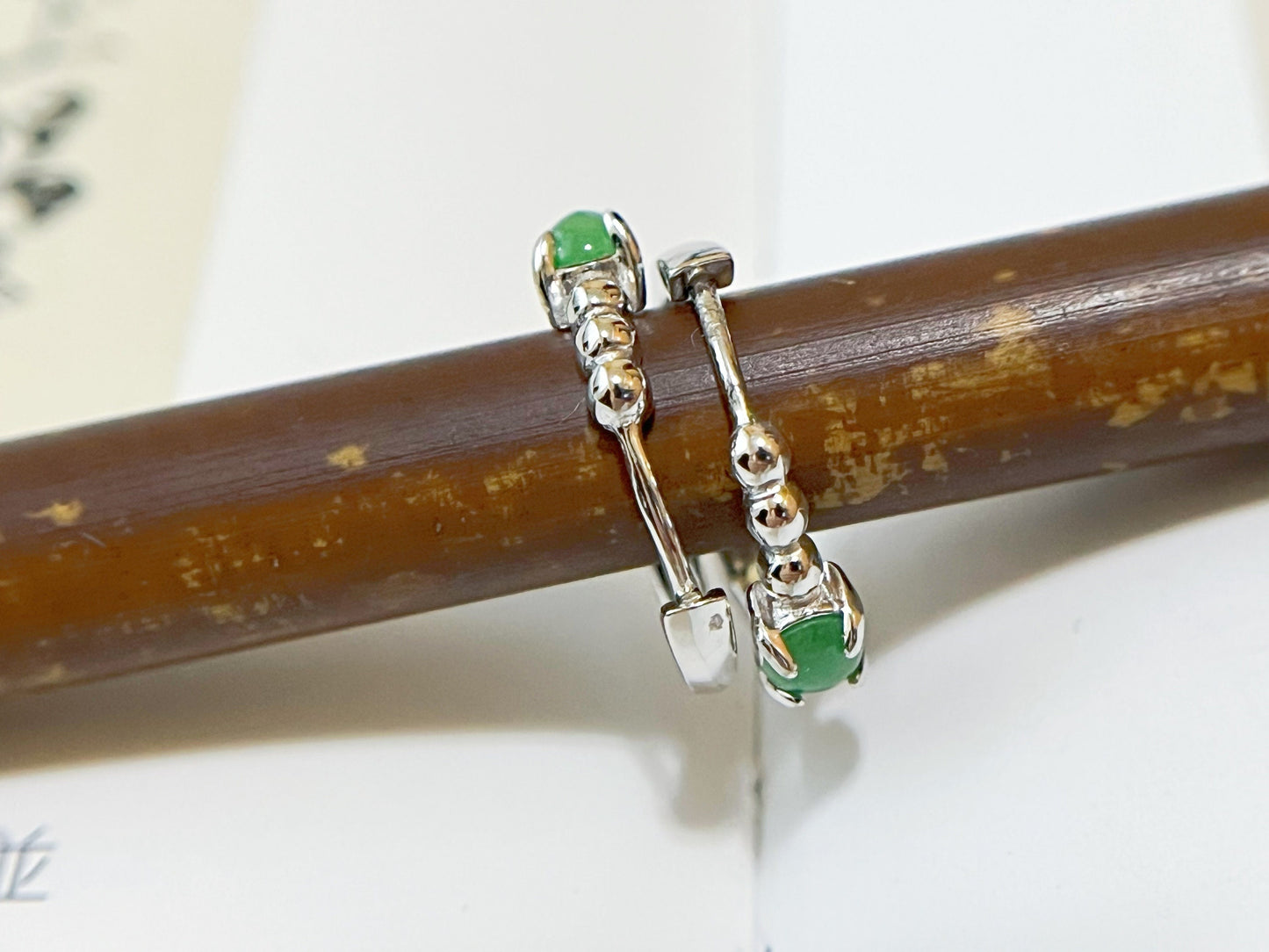Natural Myanmar Vivid Green Jadeite Jade Cabochons Huggie Hoop Earrings
