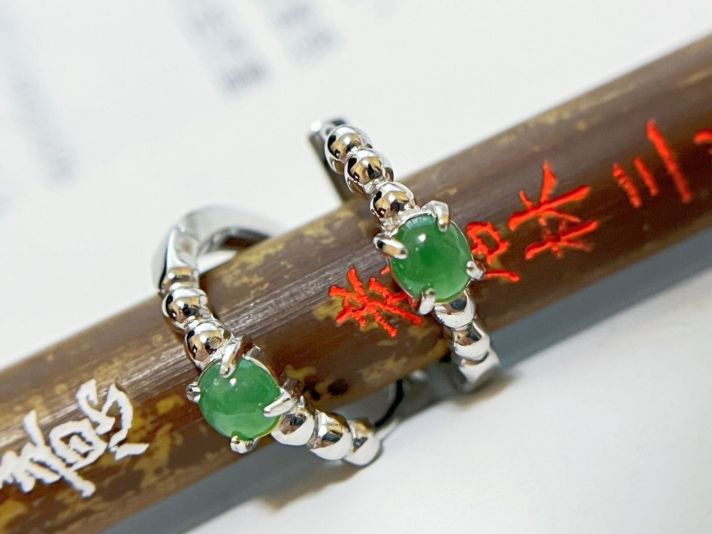 Natural Myanmar Vivid Green Jadeite Jade Cabochons Huggie Hoop Earrings